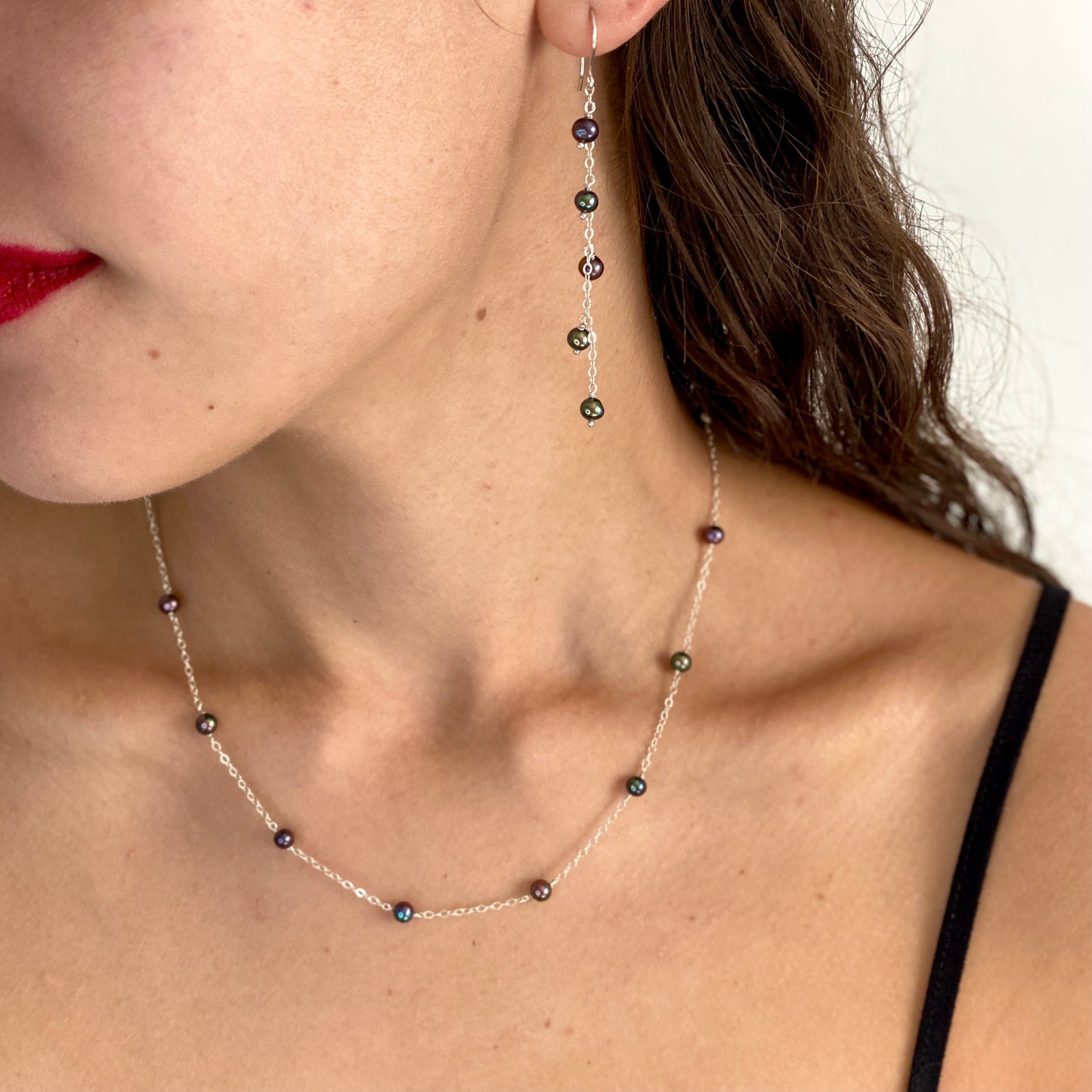 Black Pearl Chain Necklace. Black Peacock Pearl Necklace in Sterling Silver or 14k Gold