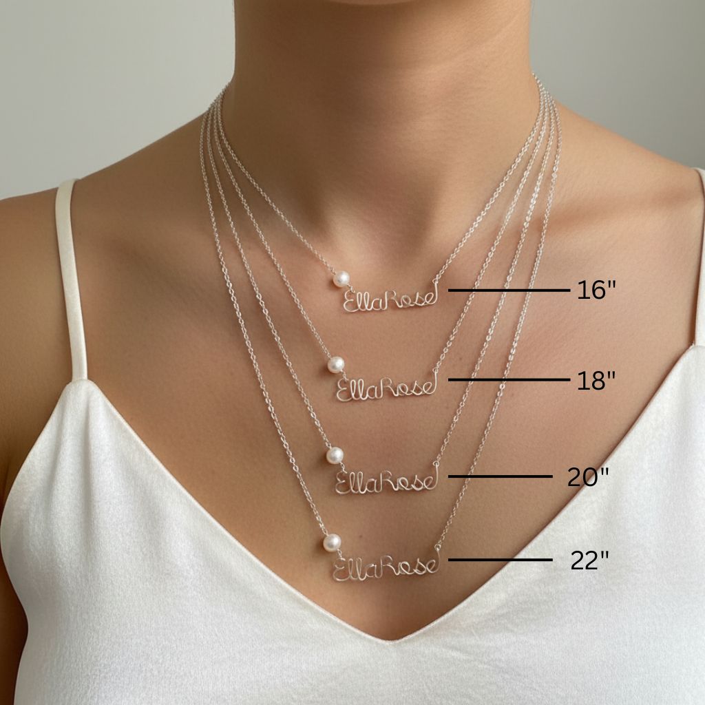 Pearl Chain Name Necklace. Off White Freshwater Pearl Sterling Silver Name Necklace.