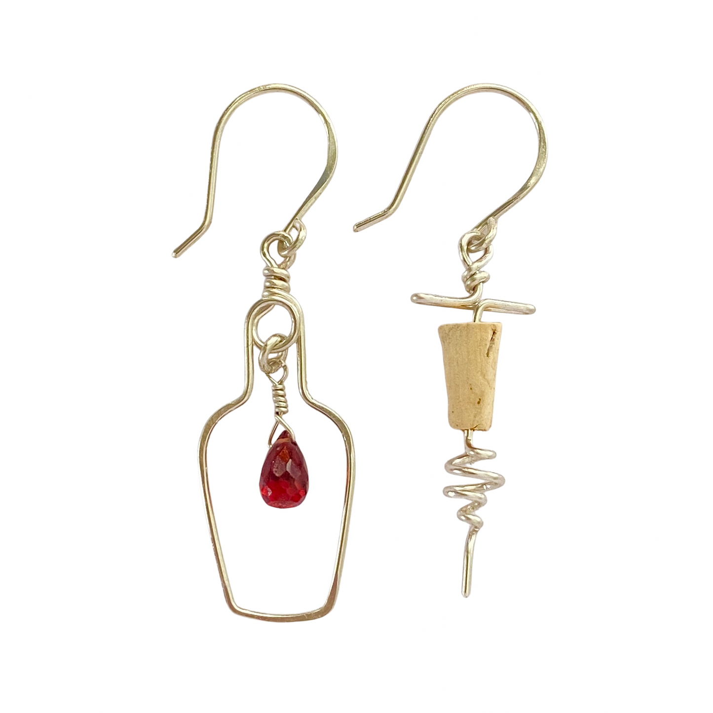 Red Wine Earrings. Sterling Silver Garnet Wine Bottle and Cork Screw Earrings.