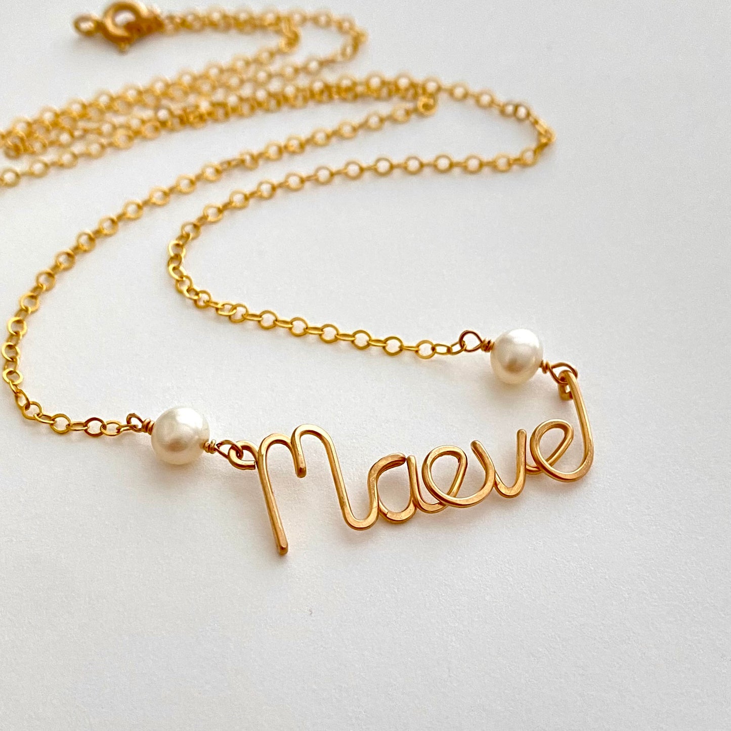 Custom Gold Two Pearl Name Necklace: Cursive Gold Script Monogram