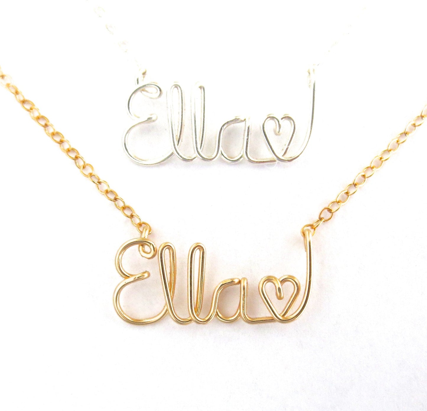 Heart Name Necklace. Personalized Custom Script Valentine’s Day Gift: Silver or Gold