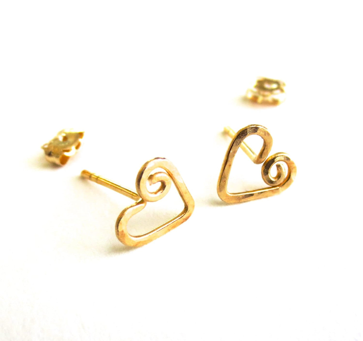 Gold Heart Stud Earrings. 14k Gold Swirly Heart Studs. Spiral Heart Stud Post Earrings. 14k gold filled hearts