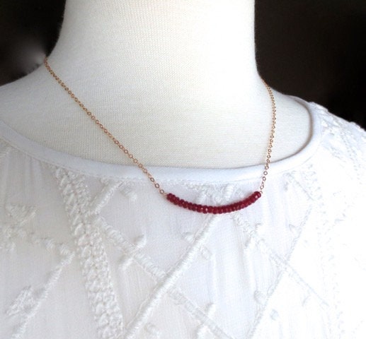 Red Ruby Necklace. Sterling Silver Genuine Rubies Bar Necklace.