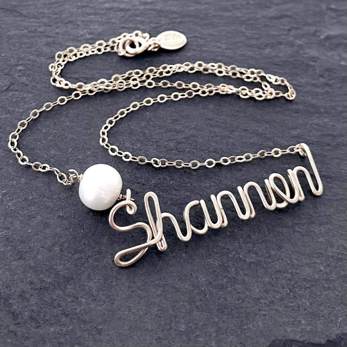 Pearl Name Necklace. Sterling Silver Name Necklace with Off White or Light Pink Freshwater Pearl. Custom Name Necklace w Large Real Pearl