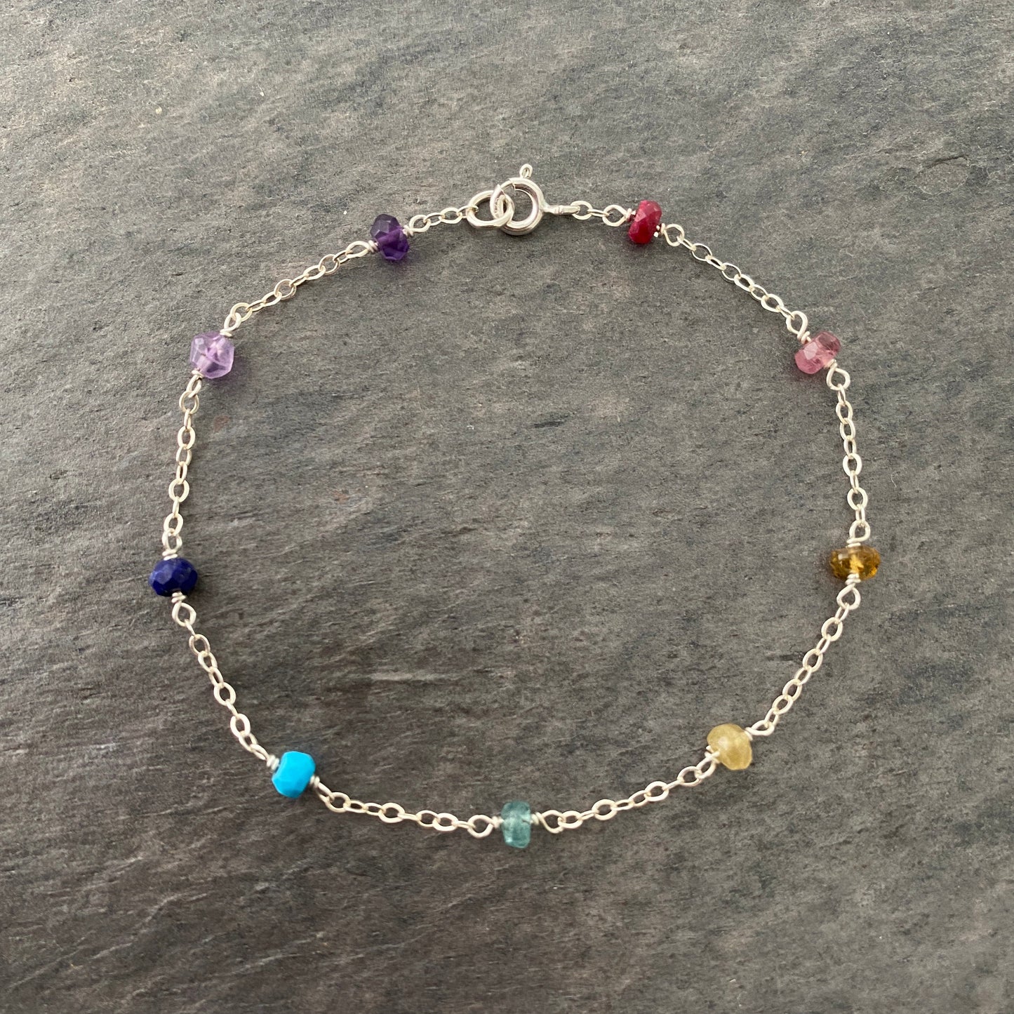 Rainbow Gemstone Bracelet: Sterling Silver, Delicate Gemstone, Chain