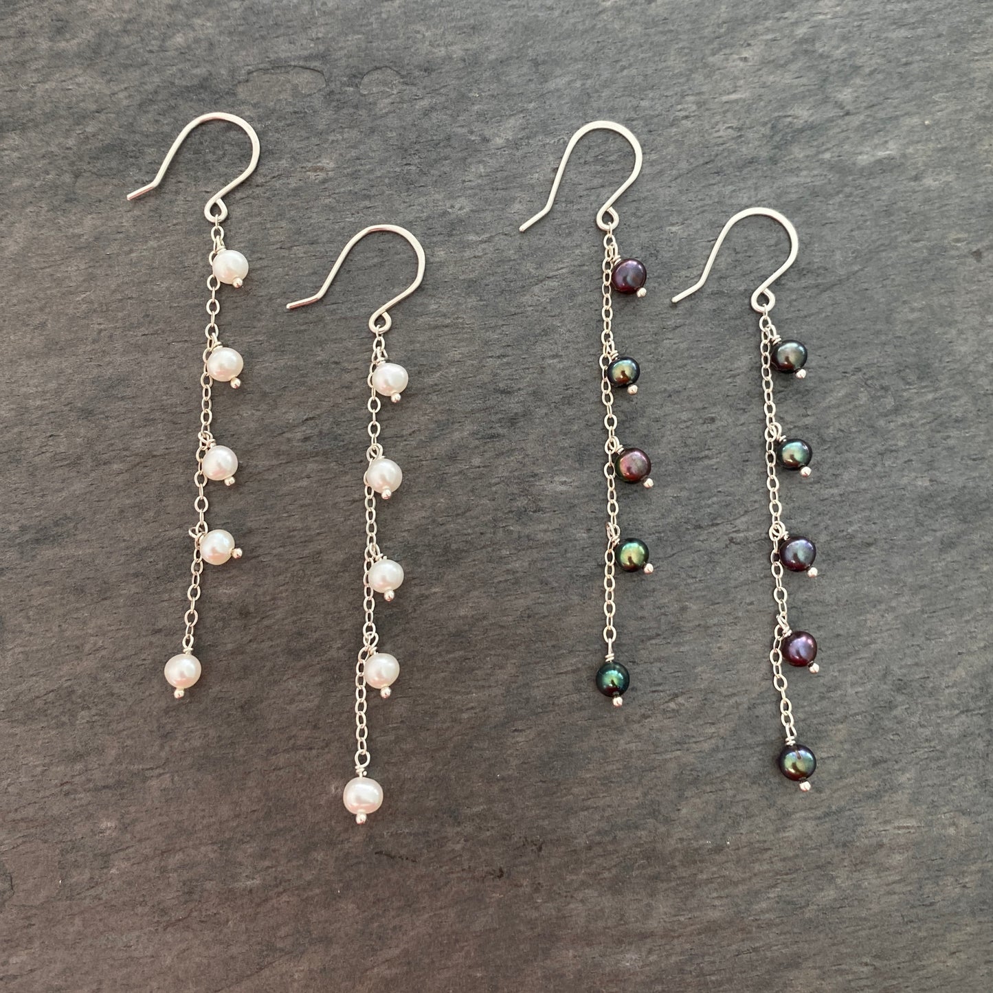 White Pearl Earrings. Chain dangle pearl earrings. Sterling Silver or 14k Gold Wire. Small freshwater pearl bridal earrings.