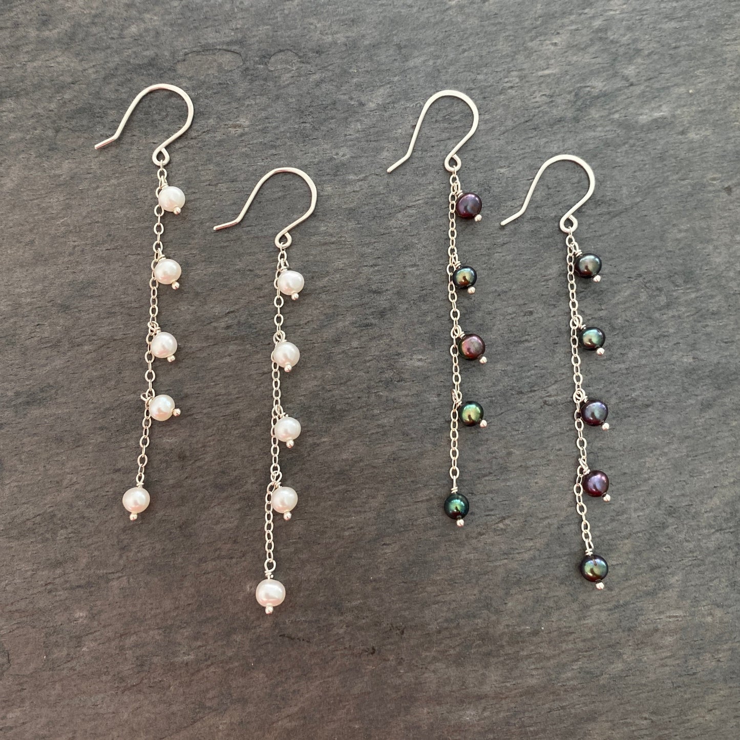 Small Black Pearl Chain Earrings: Sterling Silver Peacock Freshwater Pearls, 3 inch Dangles