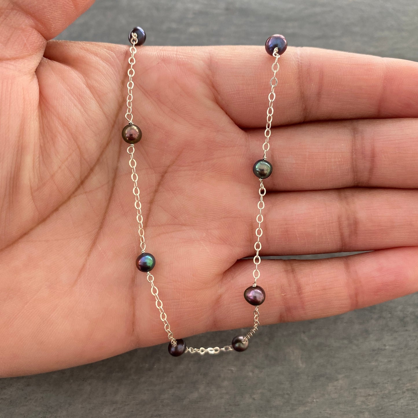Black Pearl Chain Necklace. Black Peacock Pearl Necklace in Sterling Silver or 14k Gold