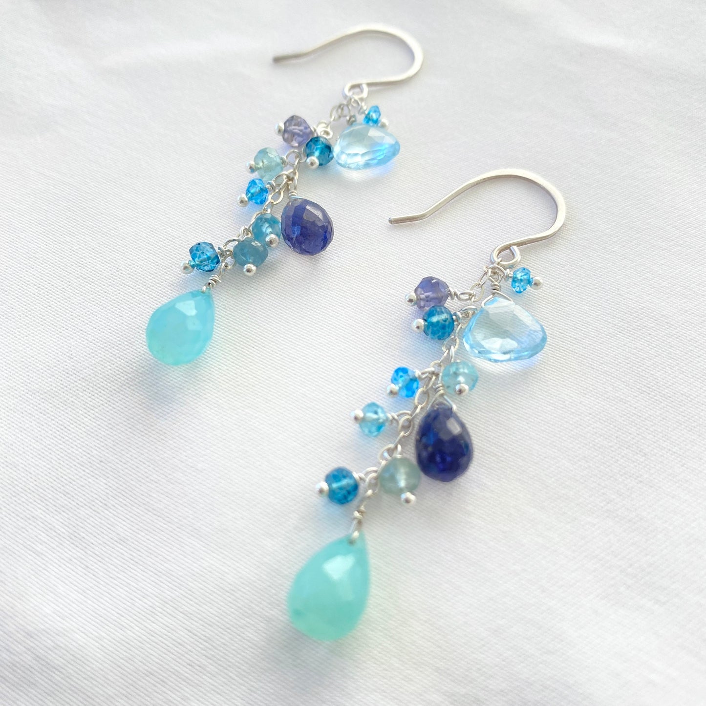 Aquamarine Iolite Chalcedony Cluster Earrings. Long Cluster Faceted Blue Gemstone Earrings.