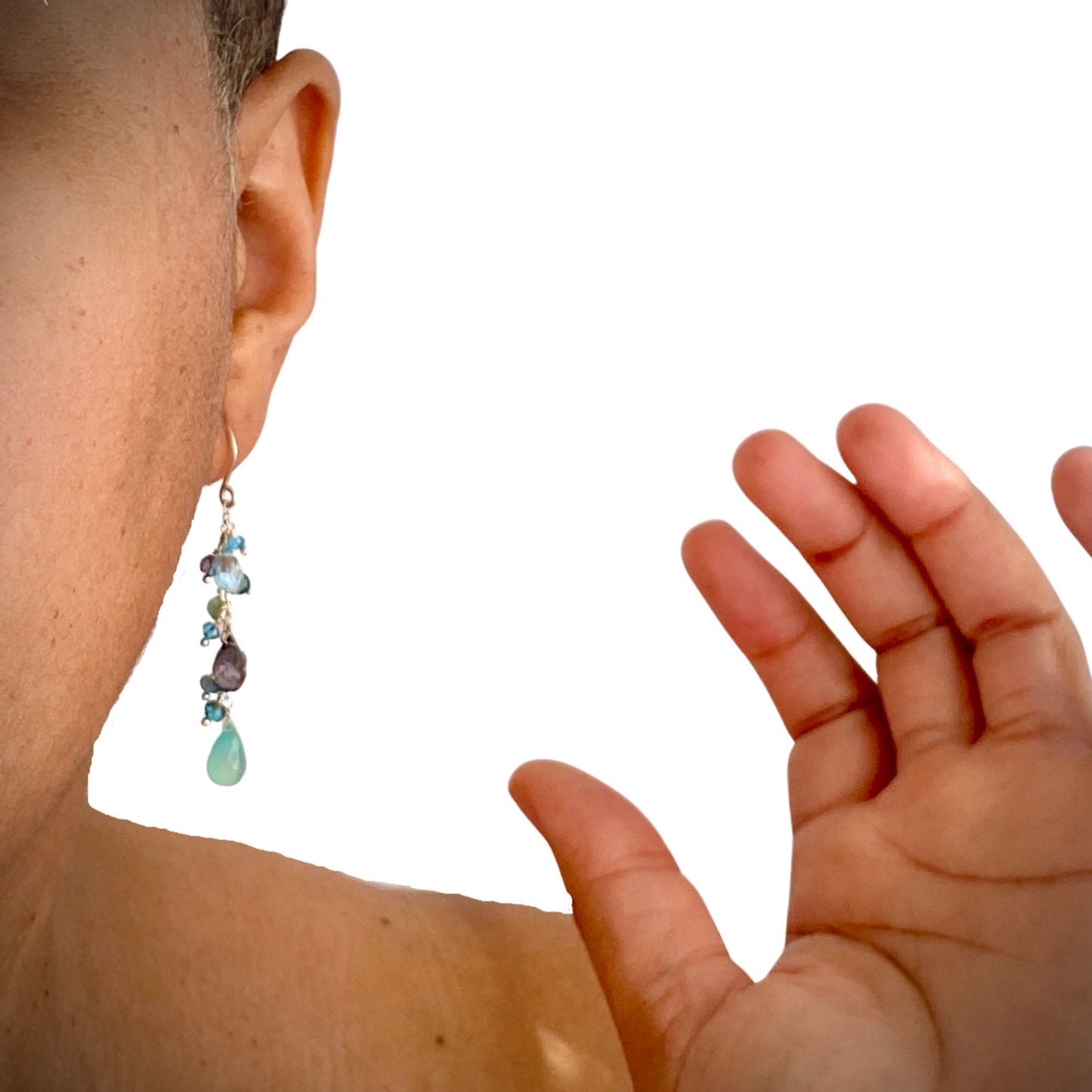 Aquamarine Iolite Chalcedony Cluster Earrings. Long Cluster Faceted Blue Gemstone Earrings.