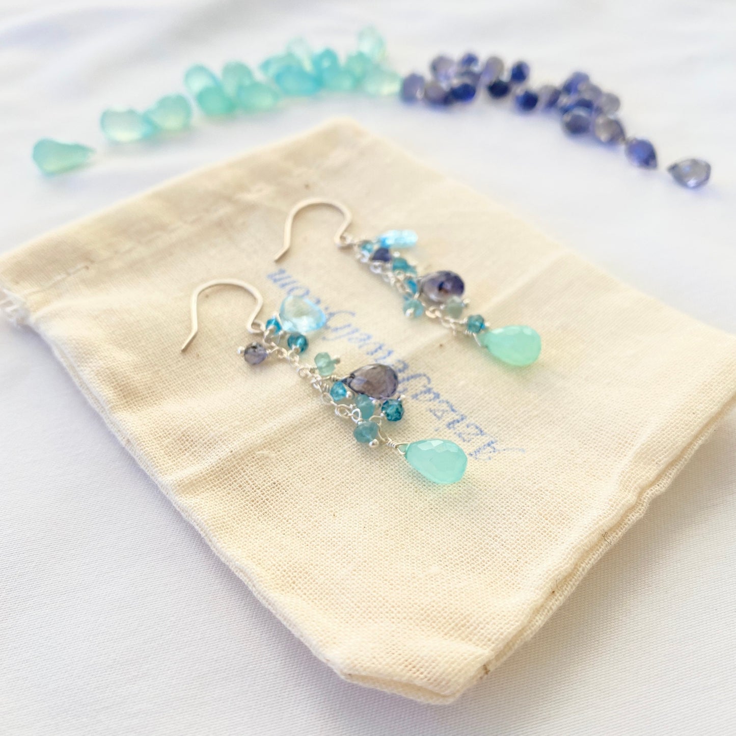 Aquamarine Iolite Chalcedony Cluster Earrings. Long Cluster Faceted Blue Gemstone Earrings.