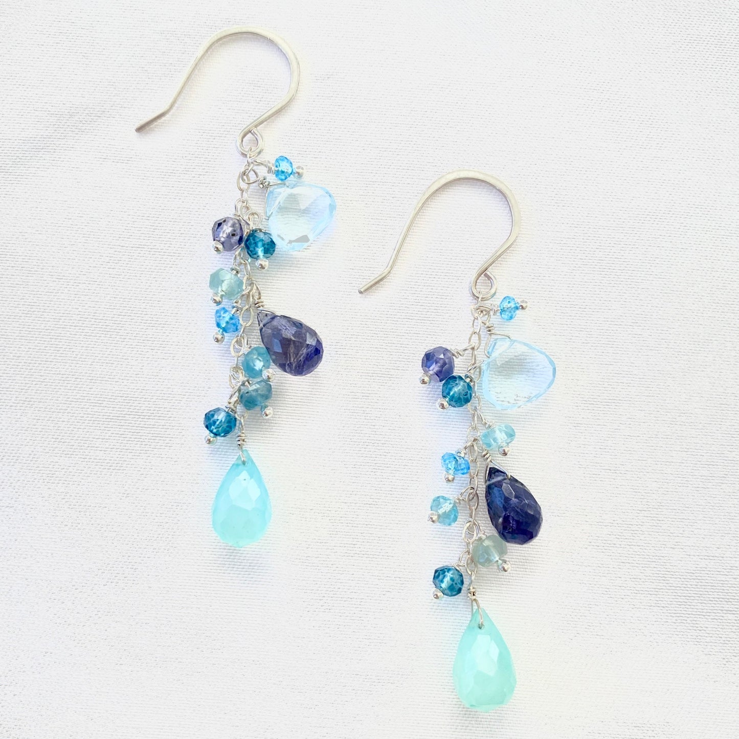 Aquamarine Iolite Chalcedony Cluster Earrings. Long Cluster Faceted Blue Gemstone Earrings.