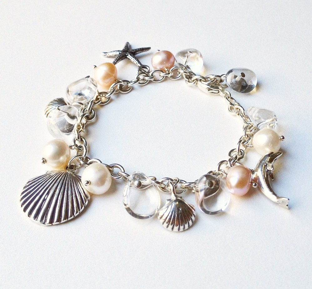 Beach Bracelet. Sterling Silver Luxe Beach Wedding bracelet with Crystals and Pearls