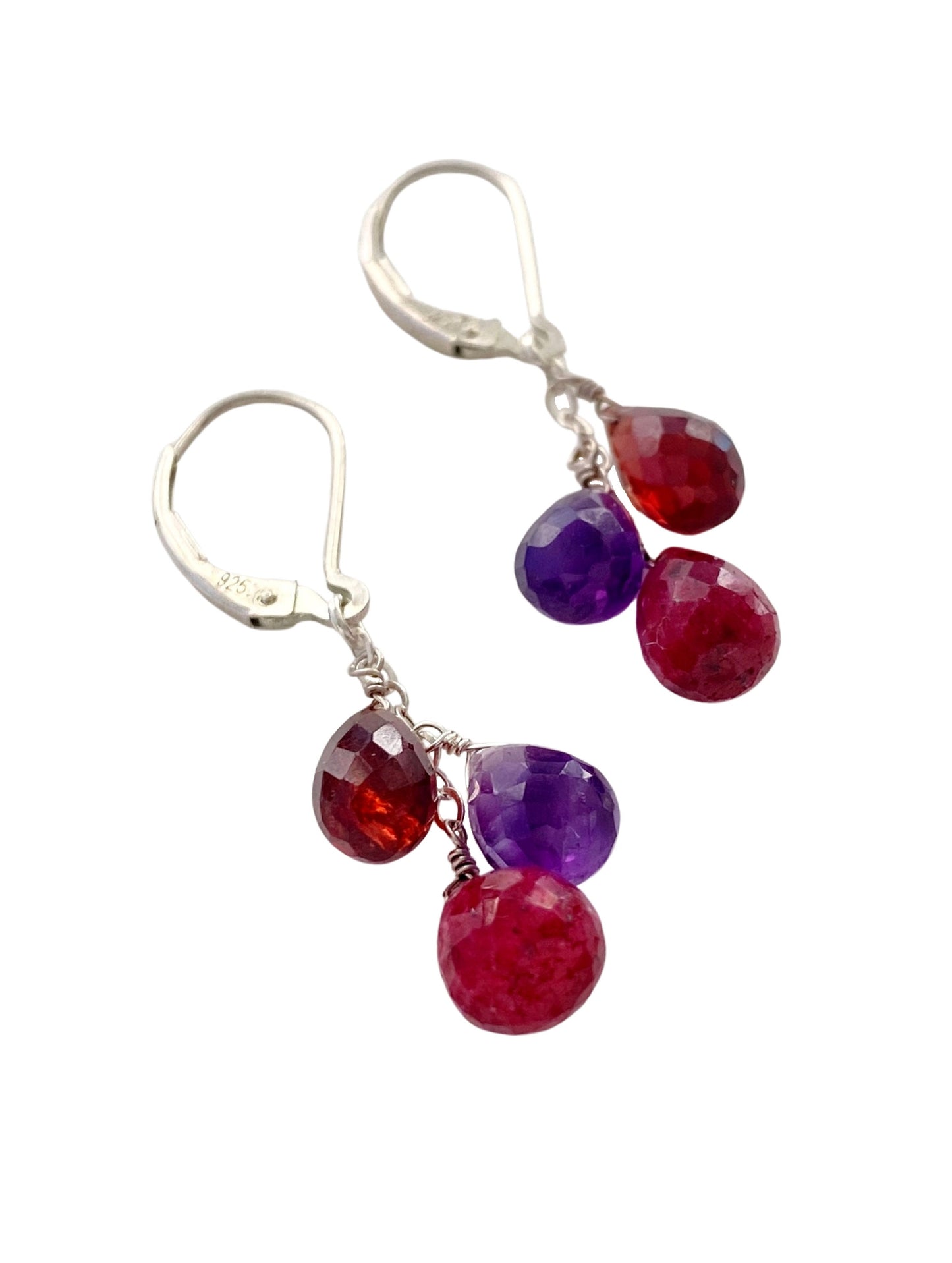 Red Gemstone Earrings. Ruby garnet amethyst cascading. Lever back earrings.