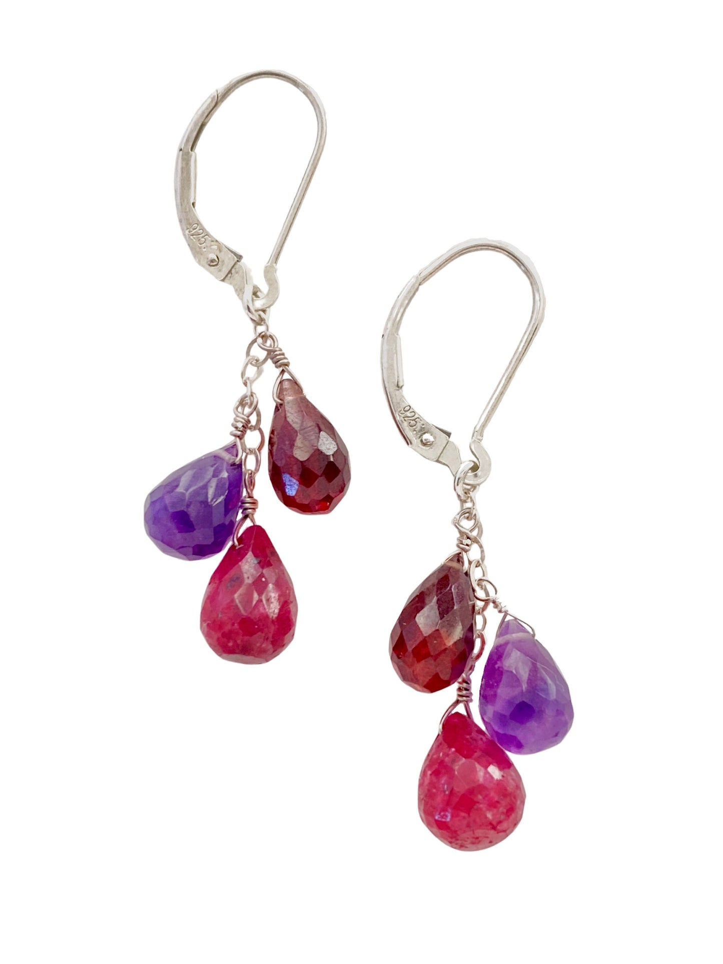 Red Gemstone Earrings. Ruby garnet amethyst cascading. Lever back earrings.