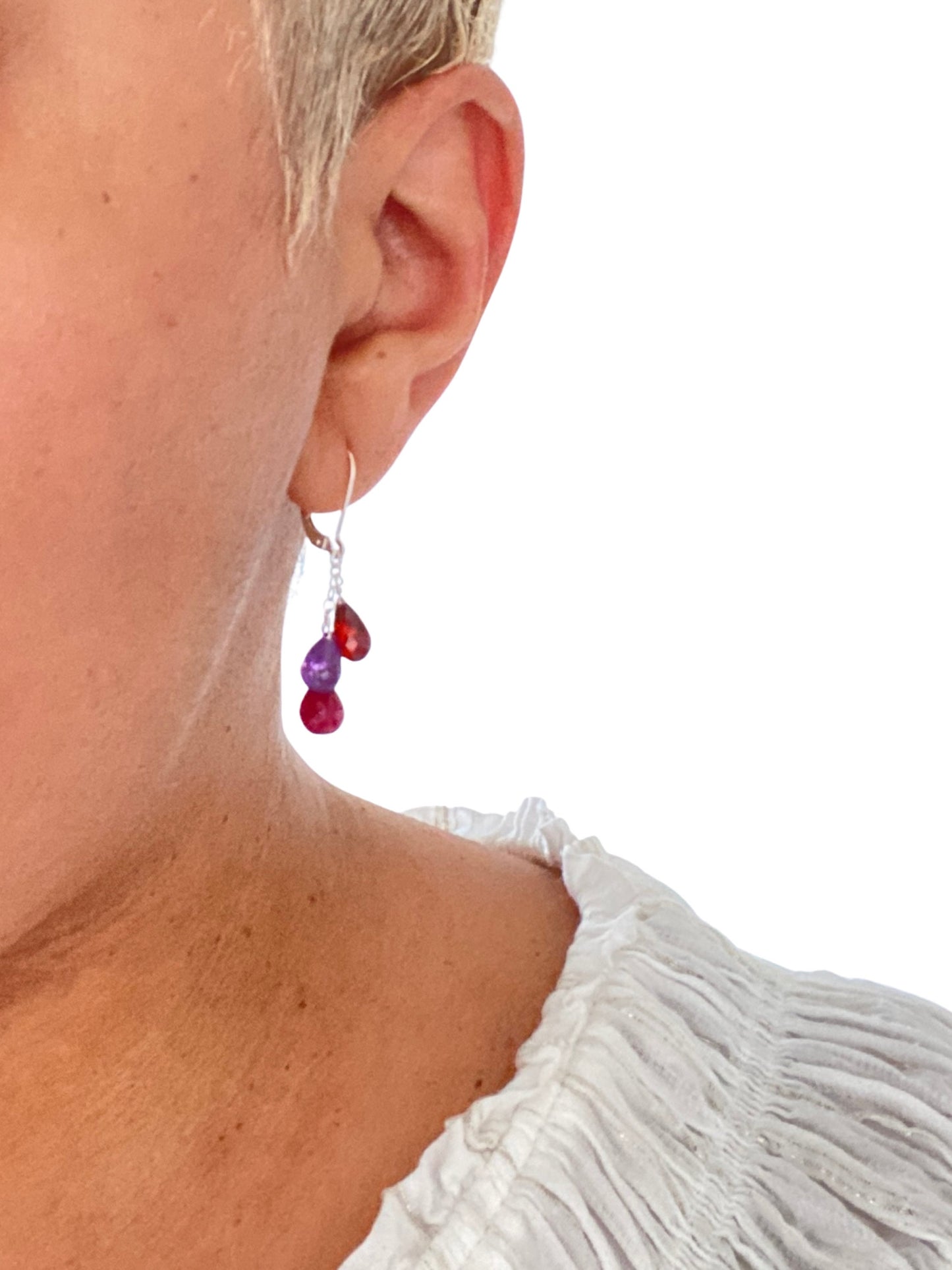 Red Gemstone Earrings. Ruby garnet amethyst cascading. Lever back earrings.