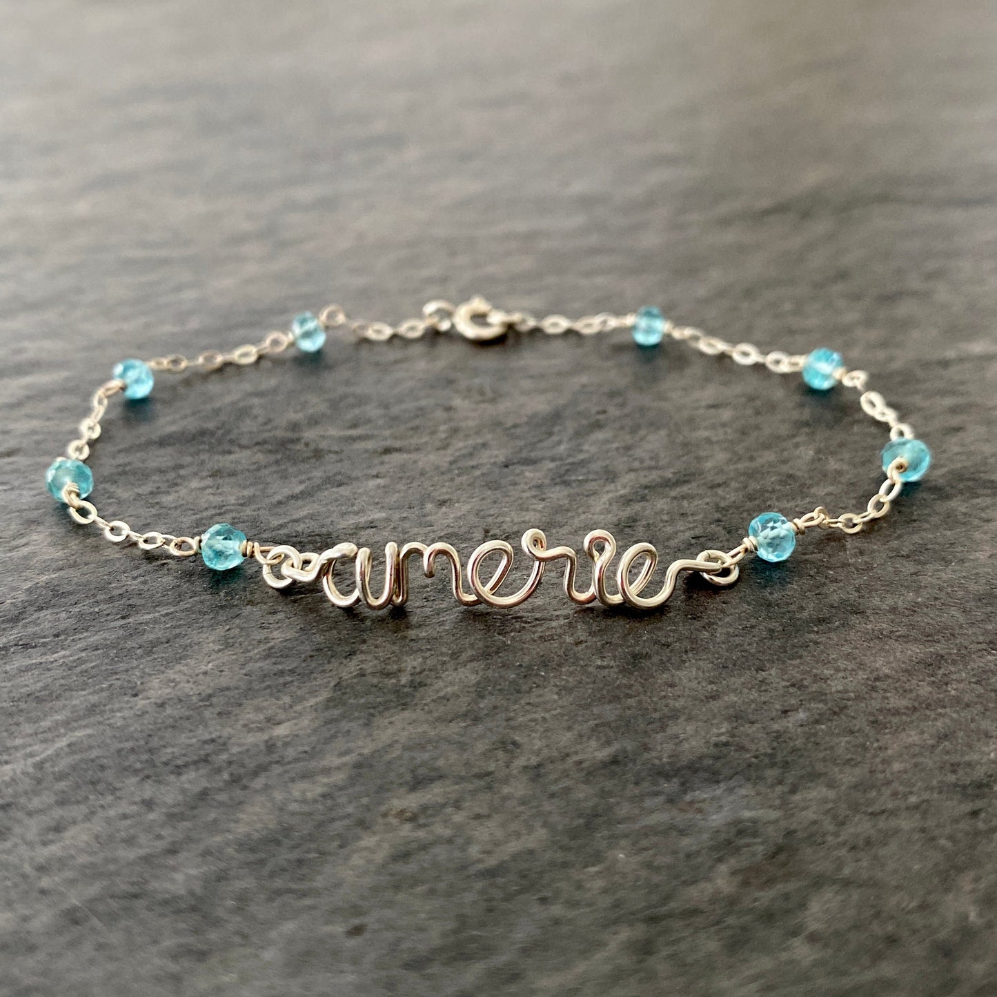 Pearl Name Bracelet: Sterling Silver Lowercase Script, Gemstone and Chain