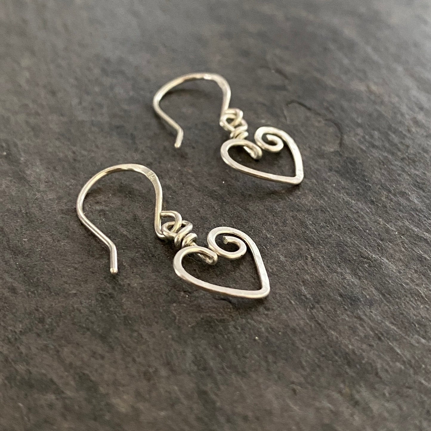 Heart Earrings. Sterling Silver Hammered Small Dangle Earrings 1 inch long.