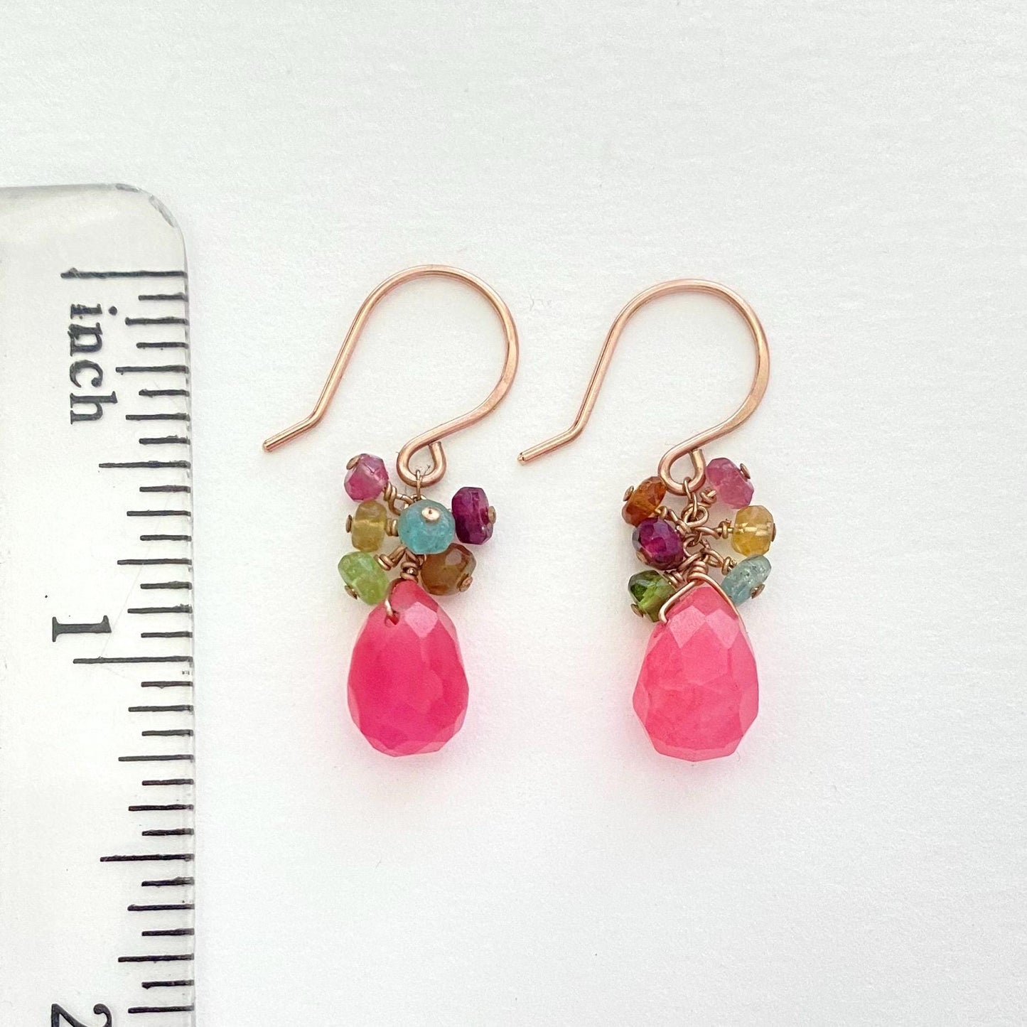 Pink Fuchsia Jade Dangle Drop Rose Gold Earrings. Handmade