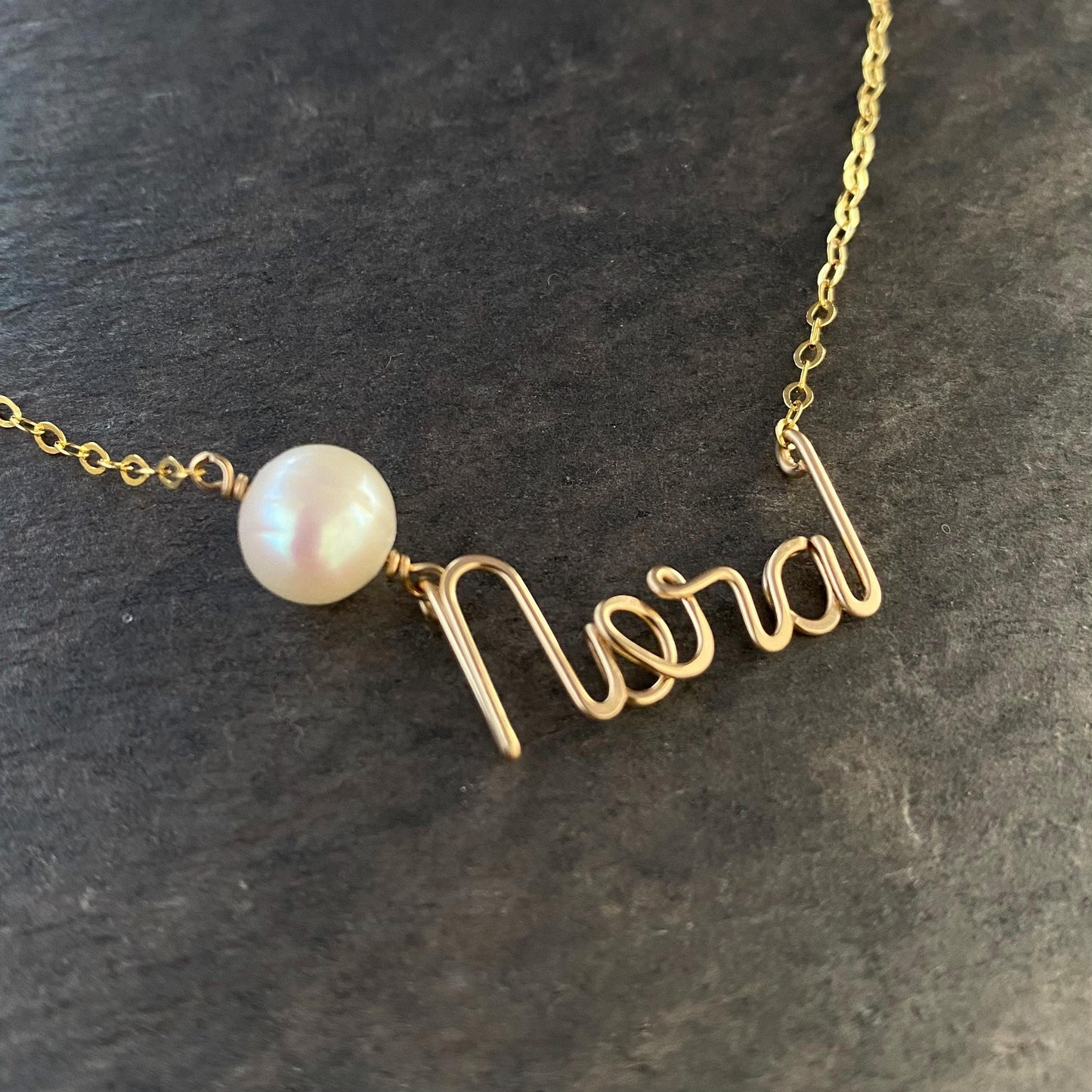 Gold Name Necklace: Custom 14k Gold Filled Wire with Freshwater Pearl