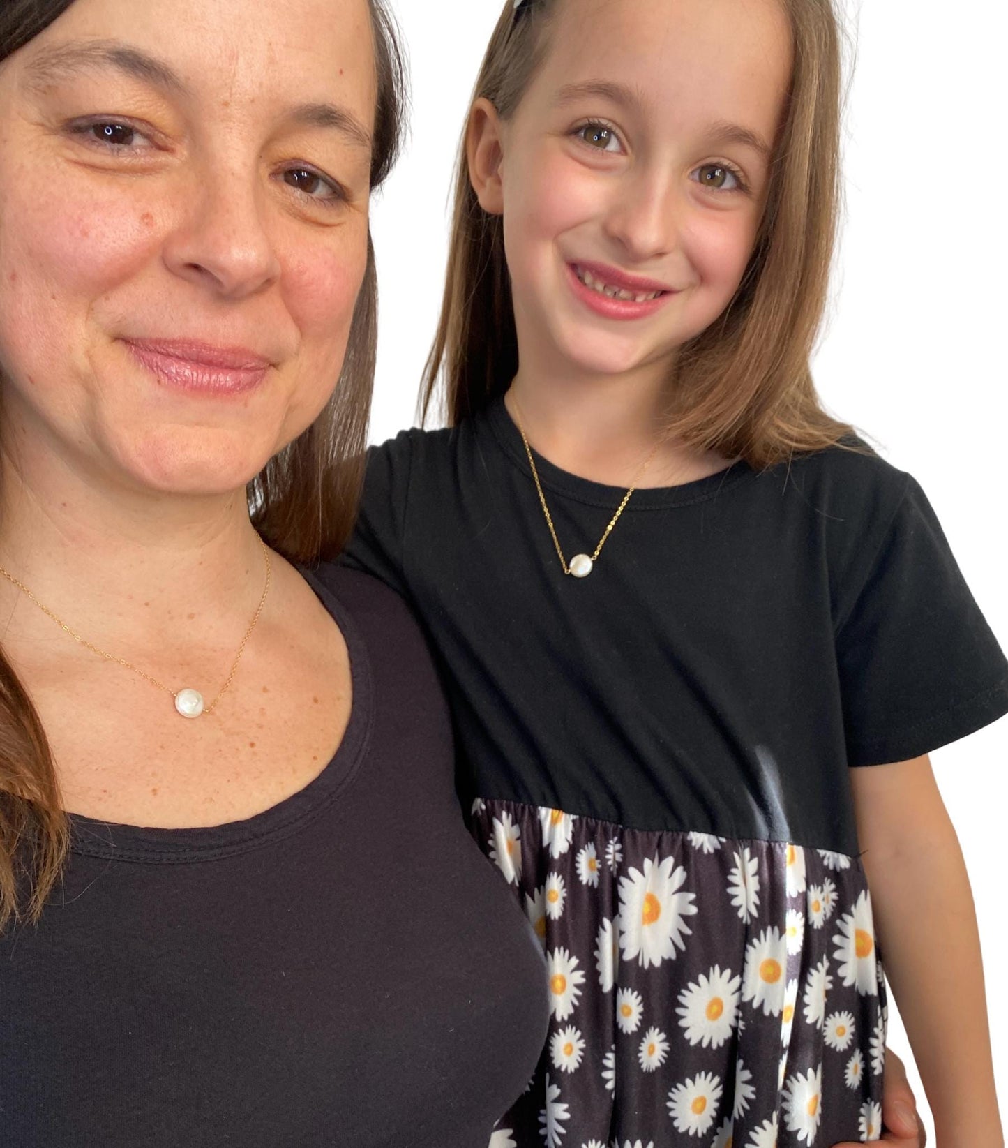Mother Daughter Matching Freshwater Coin Pearl Necklaces. Gold Mommy and Me Necklace Gift Set.