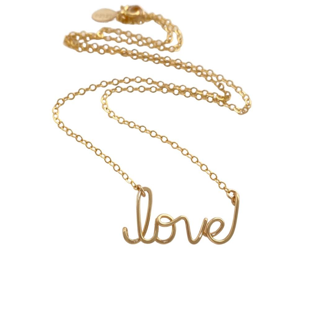 14k Gold Fill Love Necklace: Cursive Script Pendant