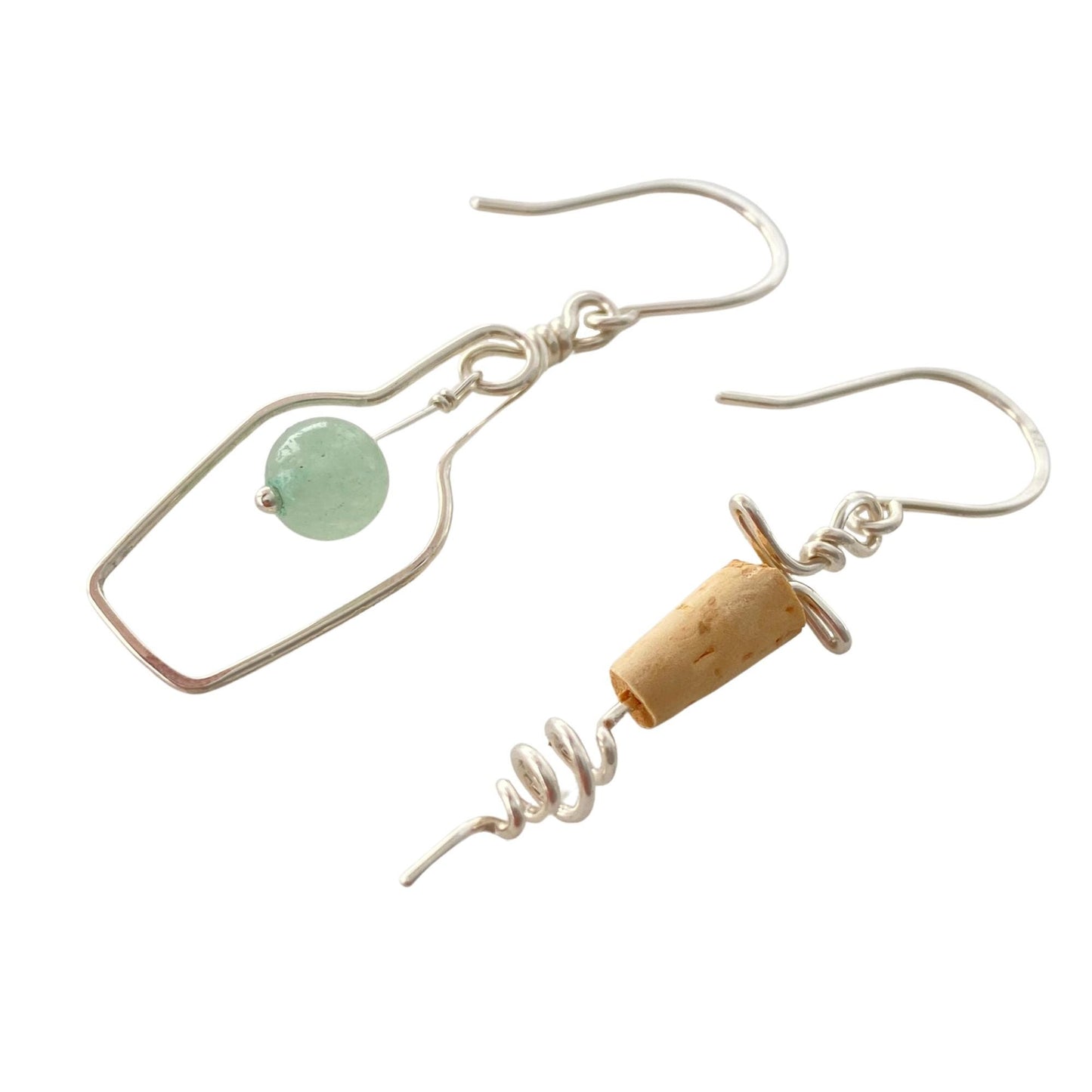 Sterling Silver Wine Earrings: Light Green Jade Gemstone, Corkscrew Earrings