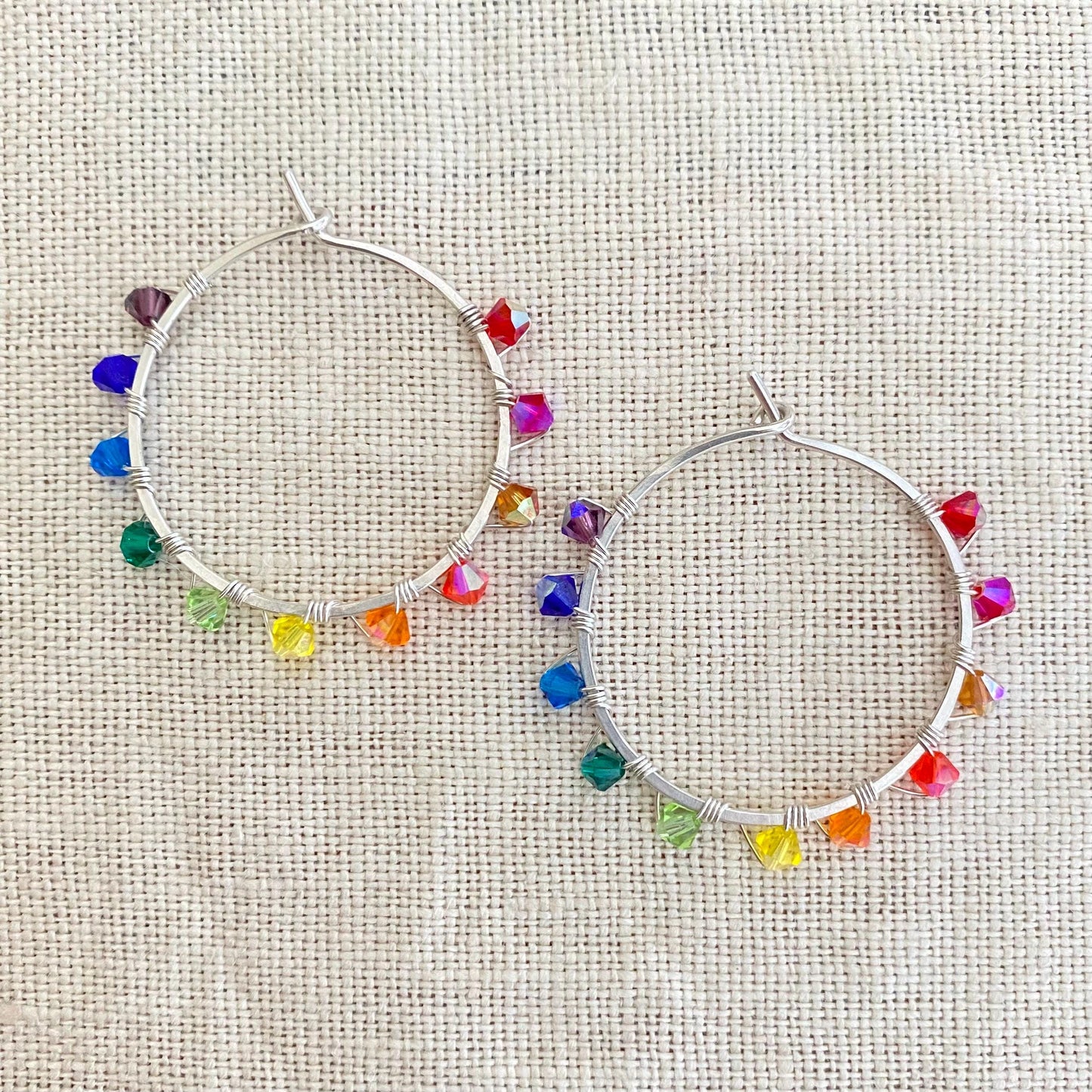 Rainbow Swarovski Crystal Sterling Silver Hoop Earrings (1.5 inch)