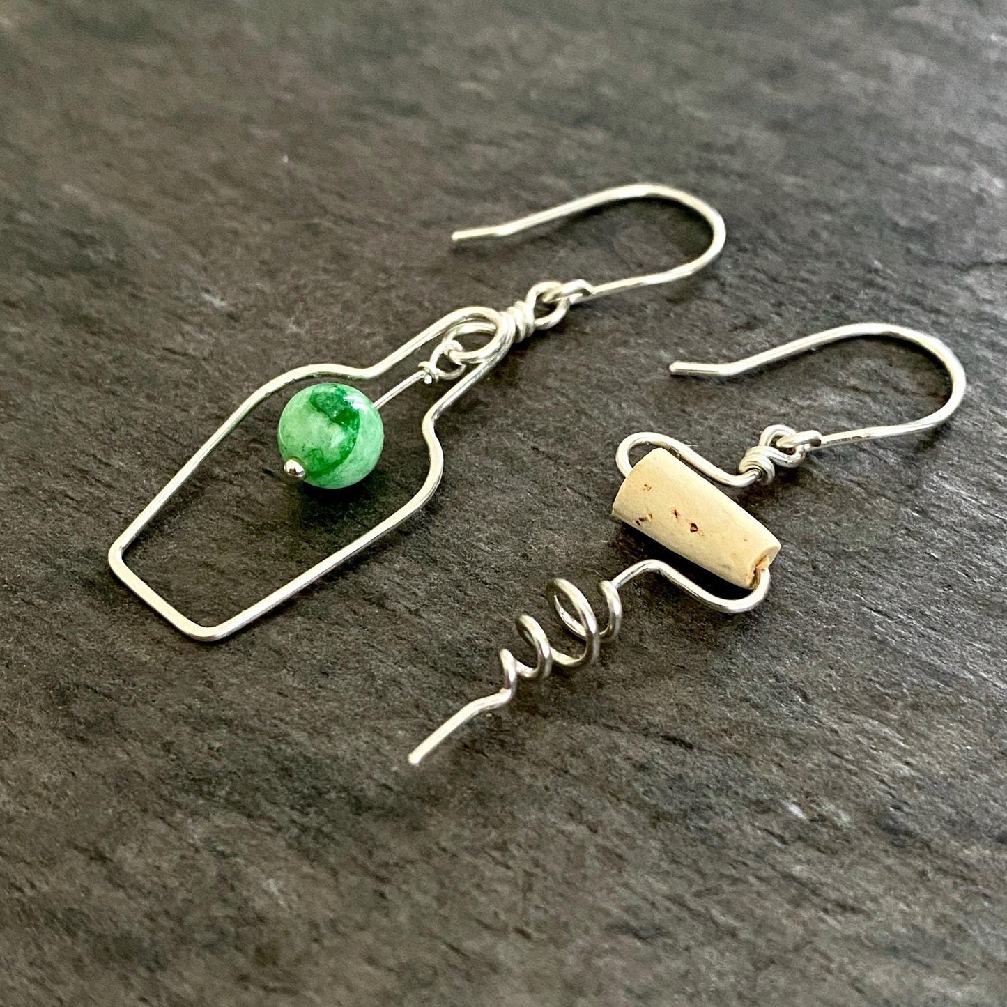 Jade Wine Bottle Cork Screw Earrings, Cocktail Lover Gift