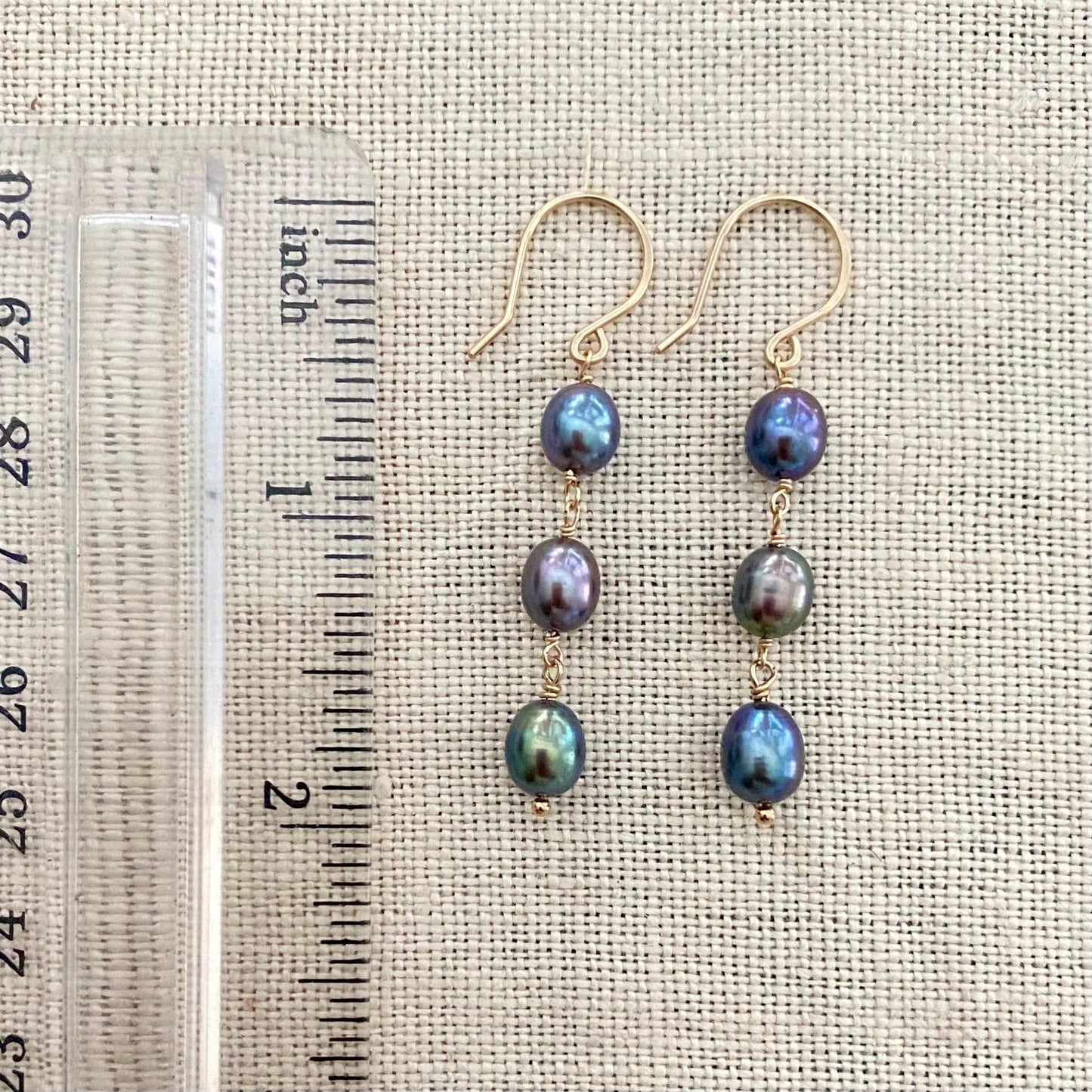 Peacock Pearl Triple Drop Earrings: 14k Gold Filled Freshwater Pearls