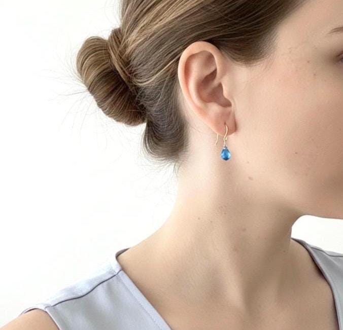Genuine Blue Topaz Drop Earrings – 14k Gold Filled Hammered Ear Wires Faceted Teardrop Gemstones