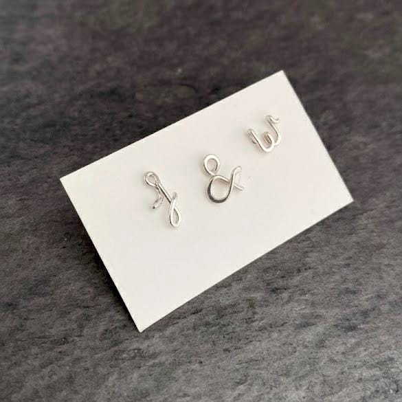 Custom Lovers Initial Small Earrings: Personalized Sterling Silver Ampersand Script Studs