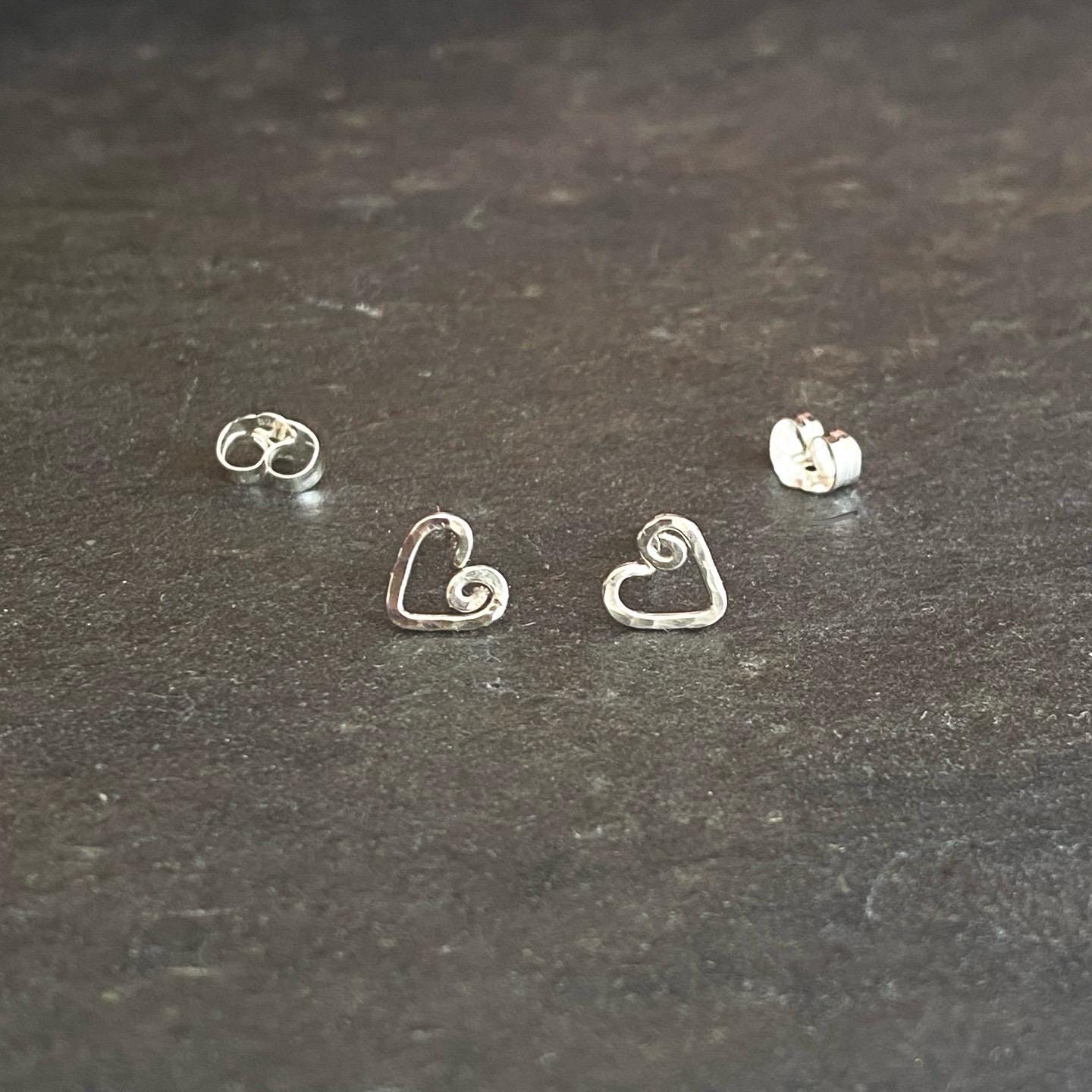 Small Hammered Heart Studs. Sterling Silver Tiny Stud Post Earrings.
