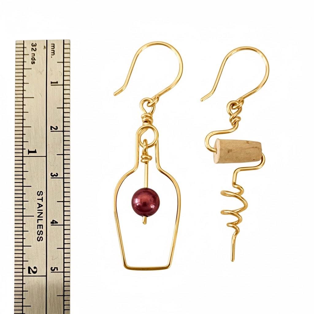 Gold Wine Earrings: Corkscrew & Bottle, Red Pearl Grape, Wine Lover Gift