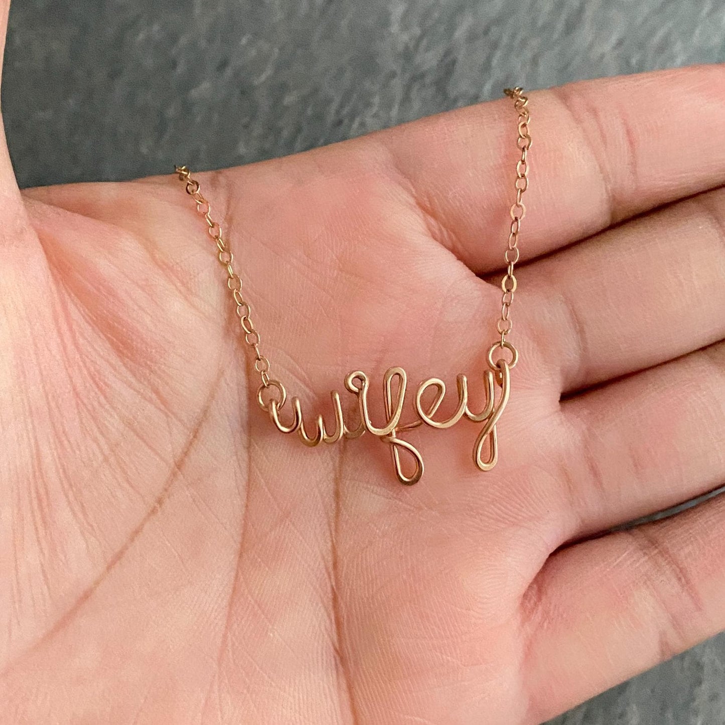 Wifey Necklace. Custom Personalized 14k Rose Gold Filled Name Necklace. Wife Bridal wedding day script Calligraphy Engagement Necklace