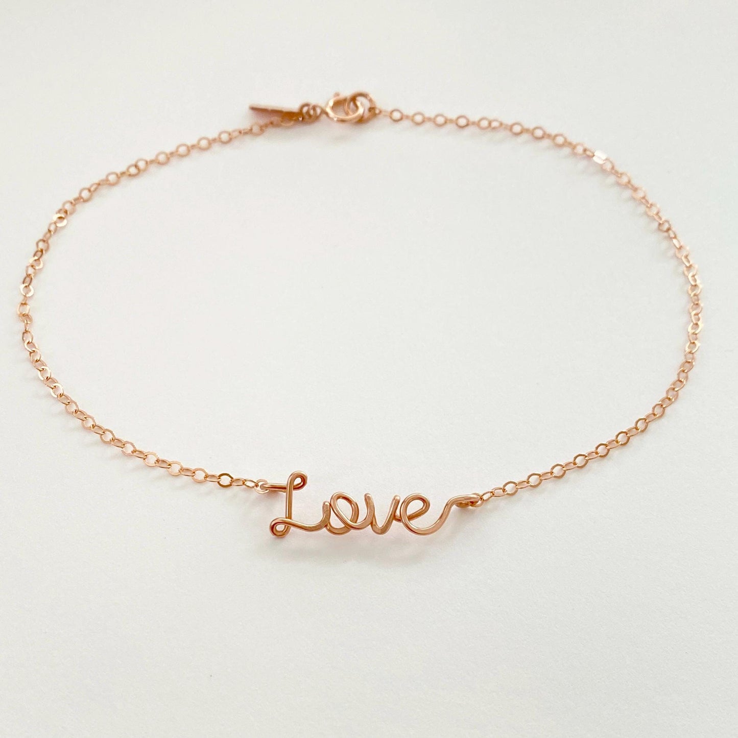 Rose Gold Love Anklet: Delicate, Hammered Script Tiny Word Ankle Bracelet.