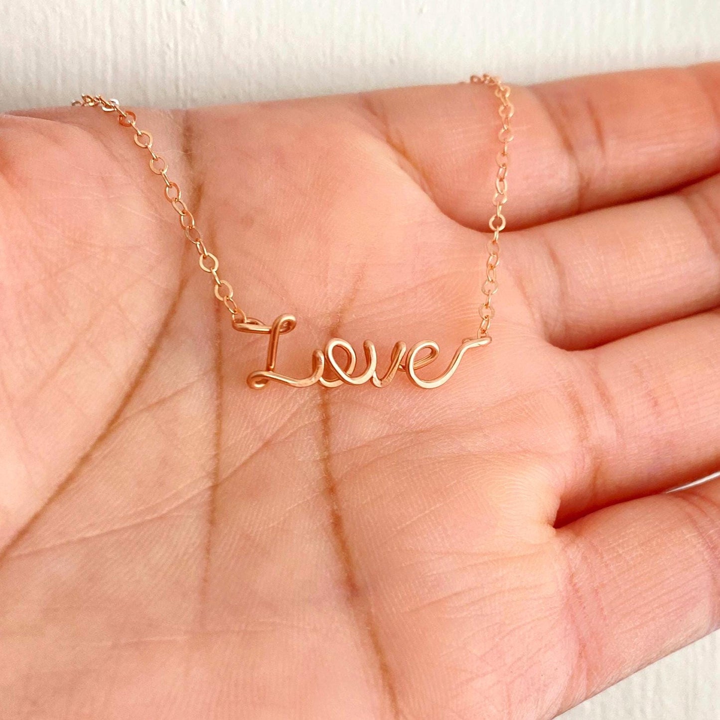 14k Solid Rose Gold Love Anklet: Delicate, Hand Hammered Script Tiny Word Ankle Bracelet.