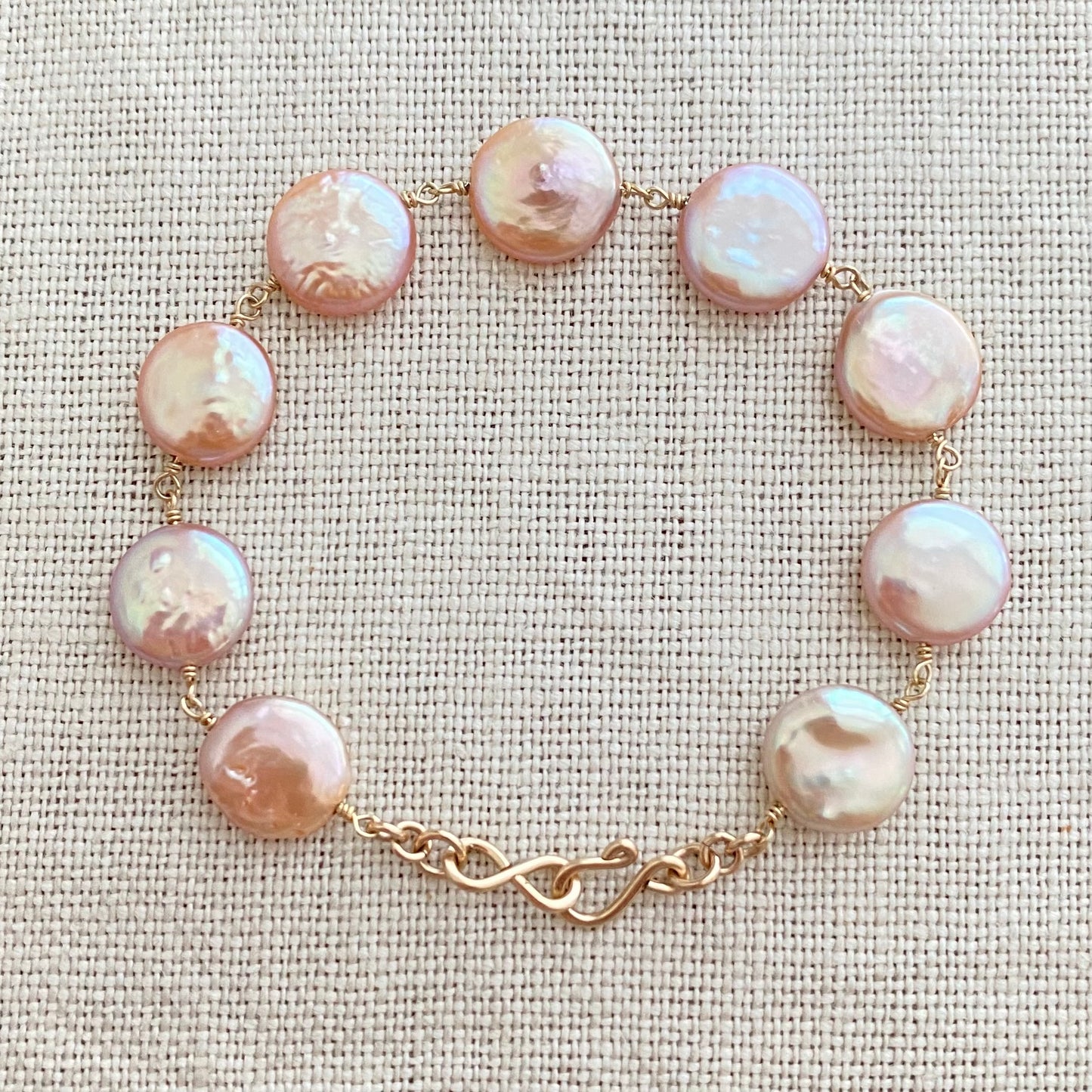 Rare Pink Freshwater Coin Pearl Bracelet: Handmade Infinity Gold Filled Clasp