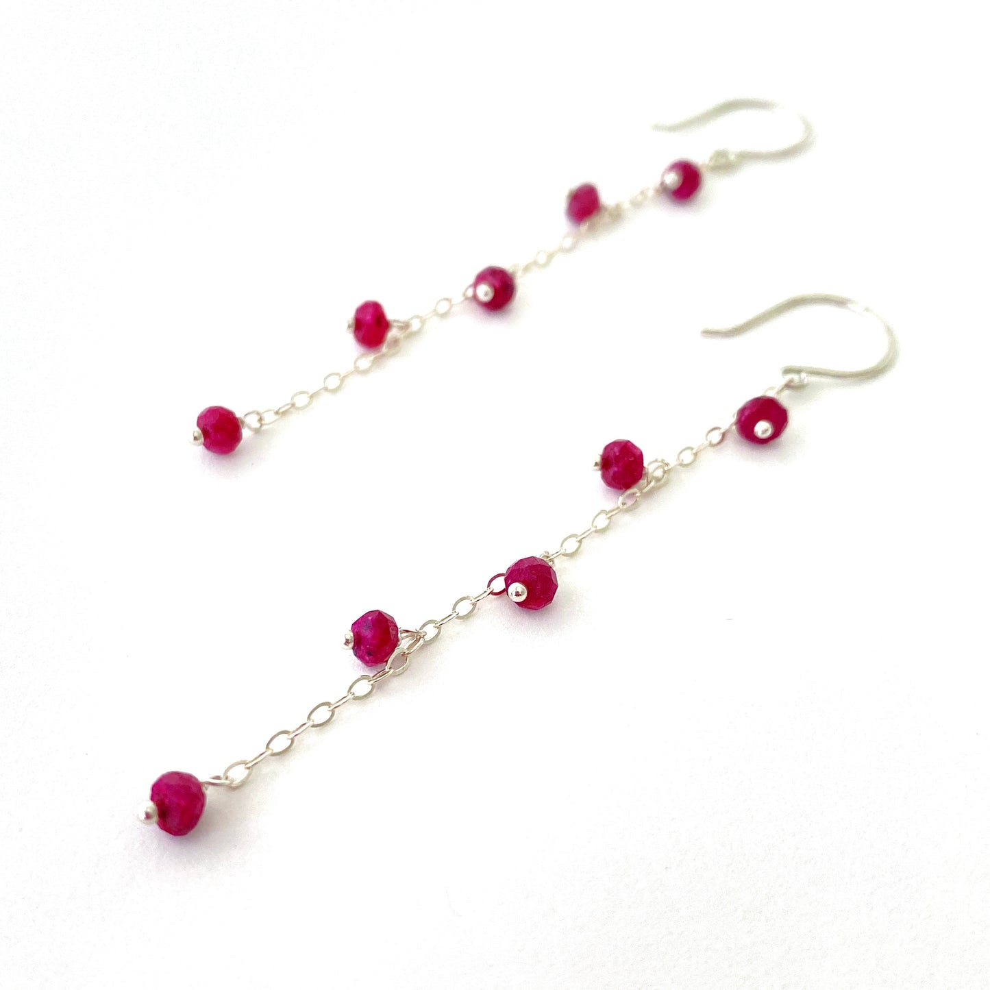 Red Ruby Chain Earrings. 14k Gold Filled Faceted Long Dangle Birthstone Gemstones.