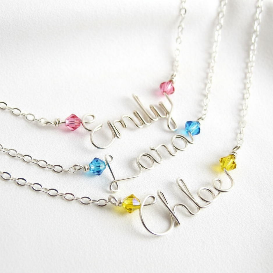 Custom Sterling Silver Girl Child Name Necklace: Swarovski Crystal Accent