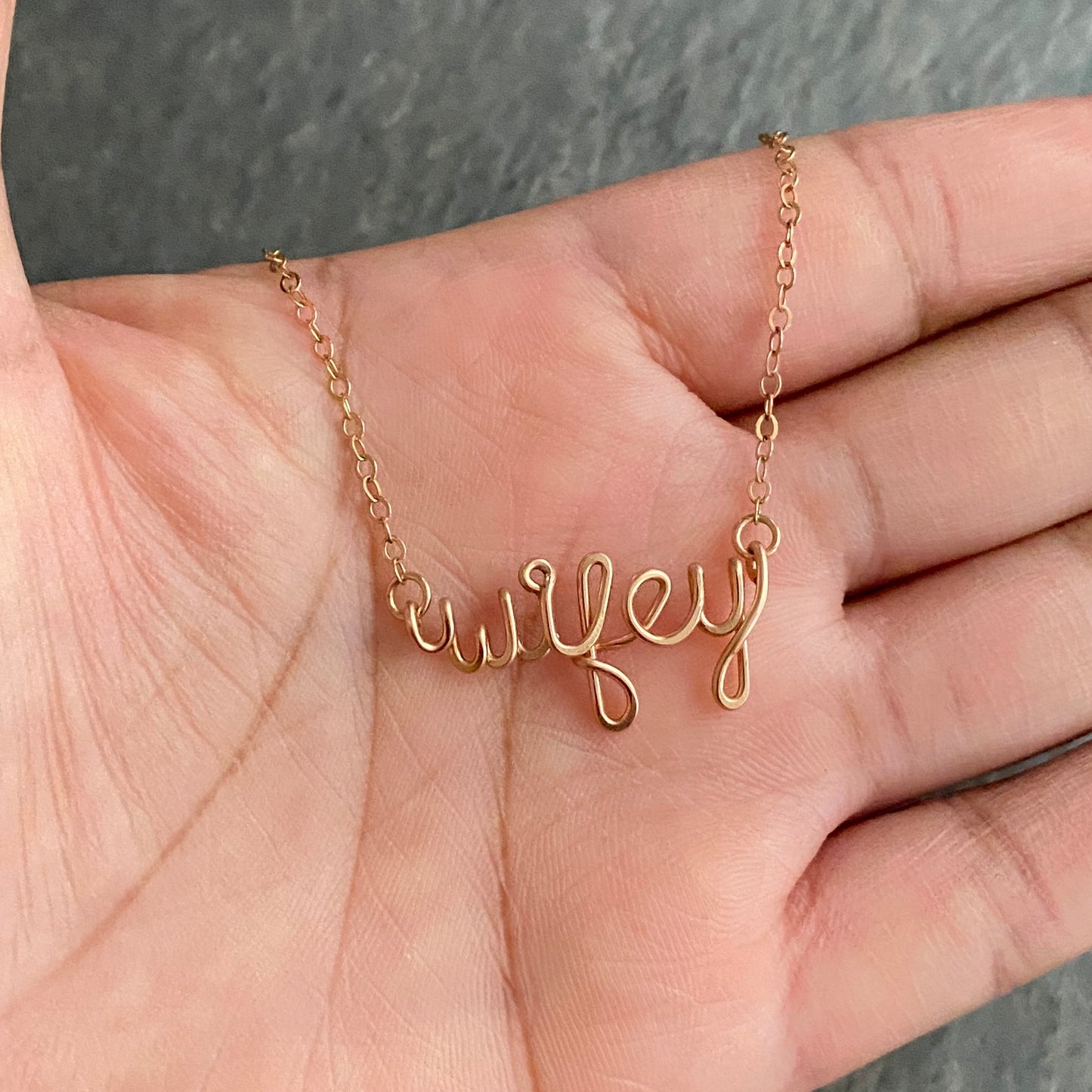 Wifey Necklace. Custom Personalized 14k Rose Gold Filled Name Necklace. Wife marriage wedding day script Calligraphy Name Necklace