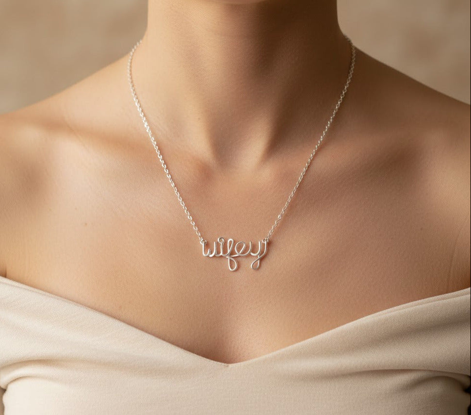 Wifey Necklace: Sterling Silver Script Name, Bridal, Valentines Gift