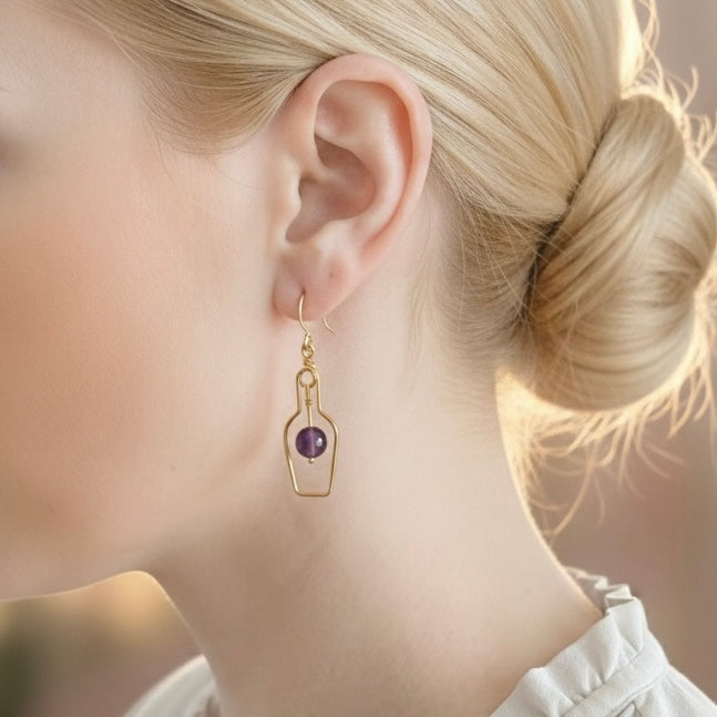 Gold Wine Earrings. Cork Screw Wine Amethyst Earrings. Wine Lovers Earrings with Gemstone. Cocktail Earrings.