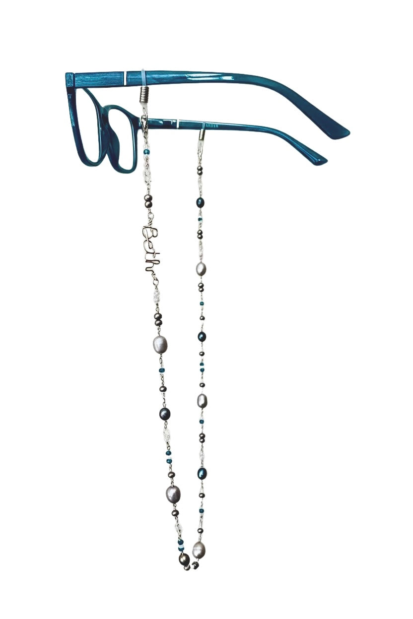 Personalized Beaded Chain Eye glasses Holder: Freshwater Pearls, Quartz, Sterling Silver