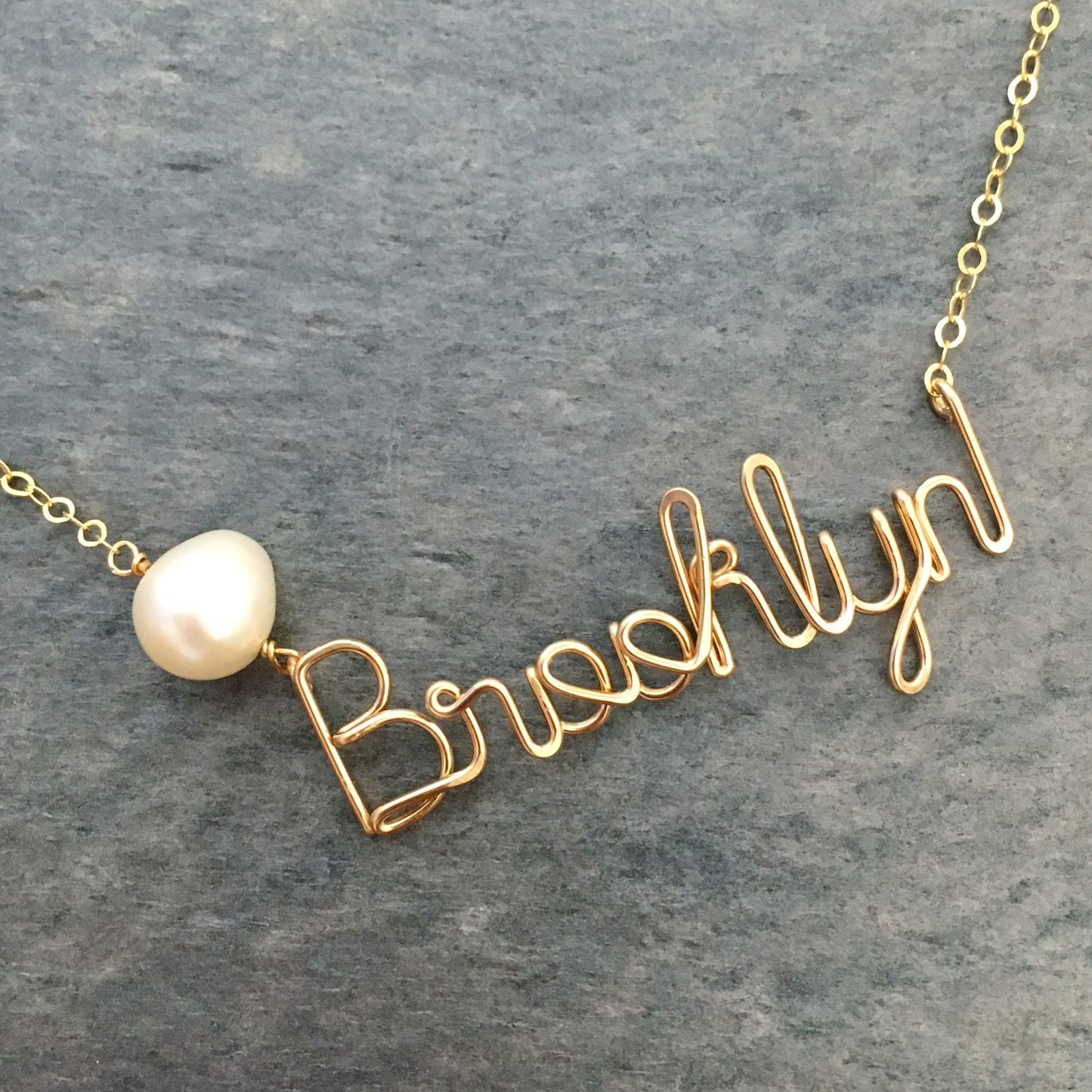 Gold Pearl Name Necklace. Custom Gold Fill Name Necklace with 10mm Freshwater Pearl in Script