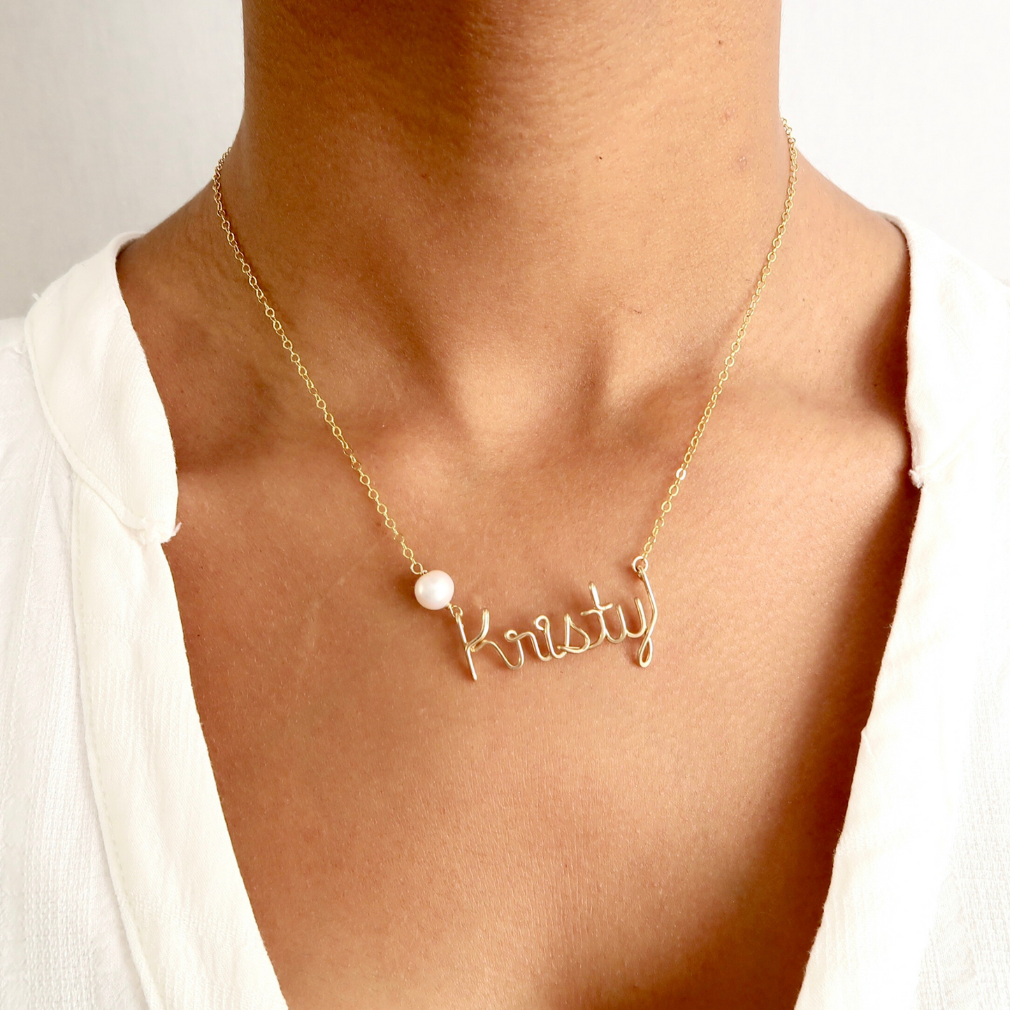 Gold Pearl Name Necklace. Custom Gold Fill Name Necklace with 10mm Freshwater Pearl in Script