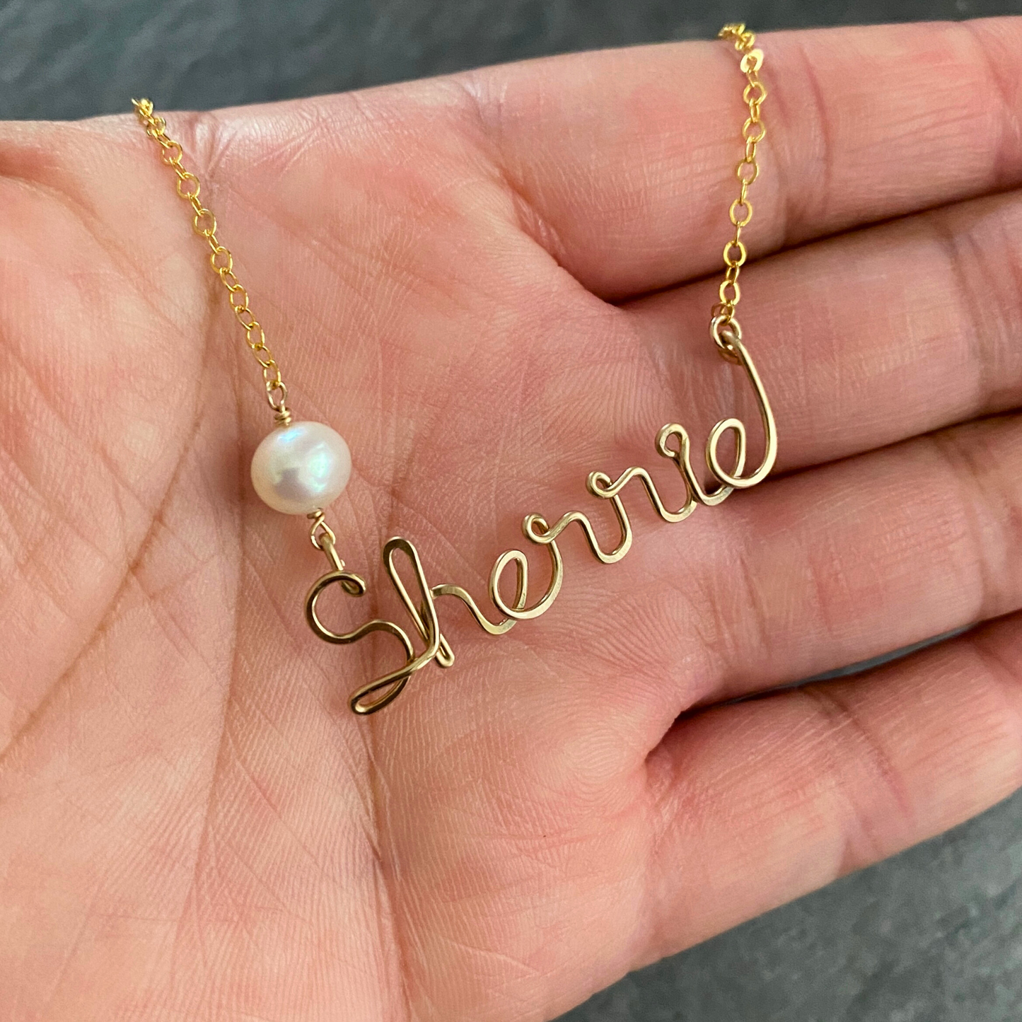 Gold Pearl Name Necklace. Custom Gold Fill Name Necklace with 10mm Freshwater Pearl in Script