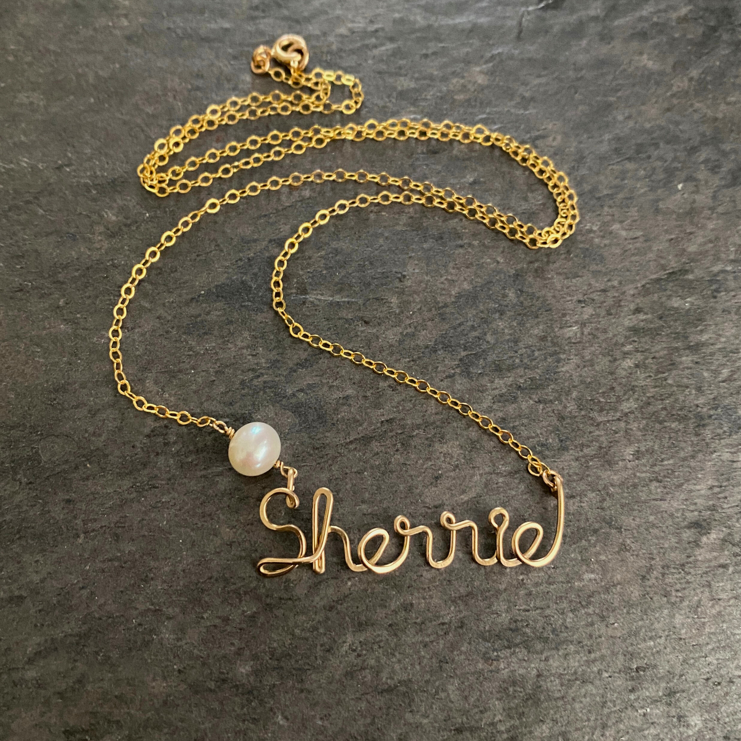 Gold Pearl Name Necklace. Custom Gold Fill Name Necklace with 10mm Freshwater Pearl in Script