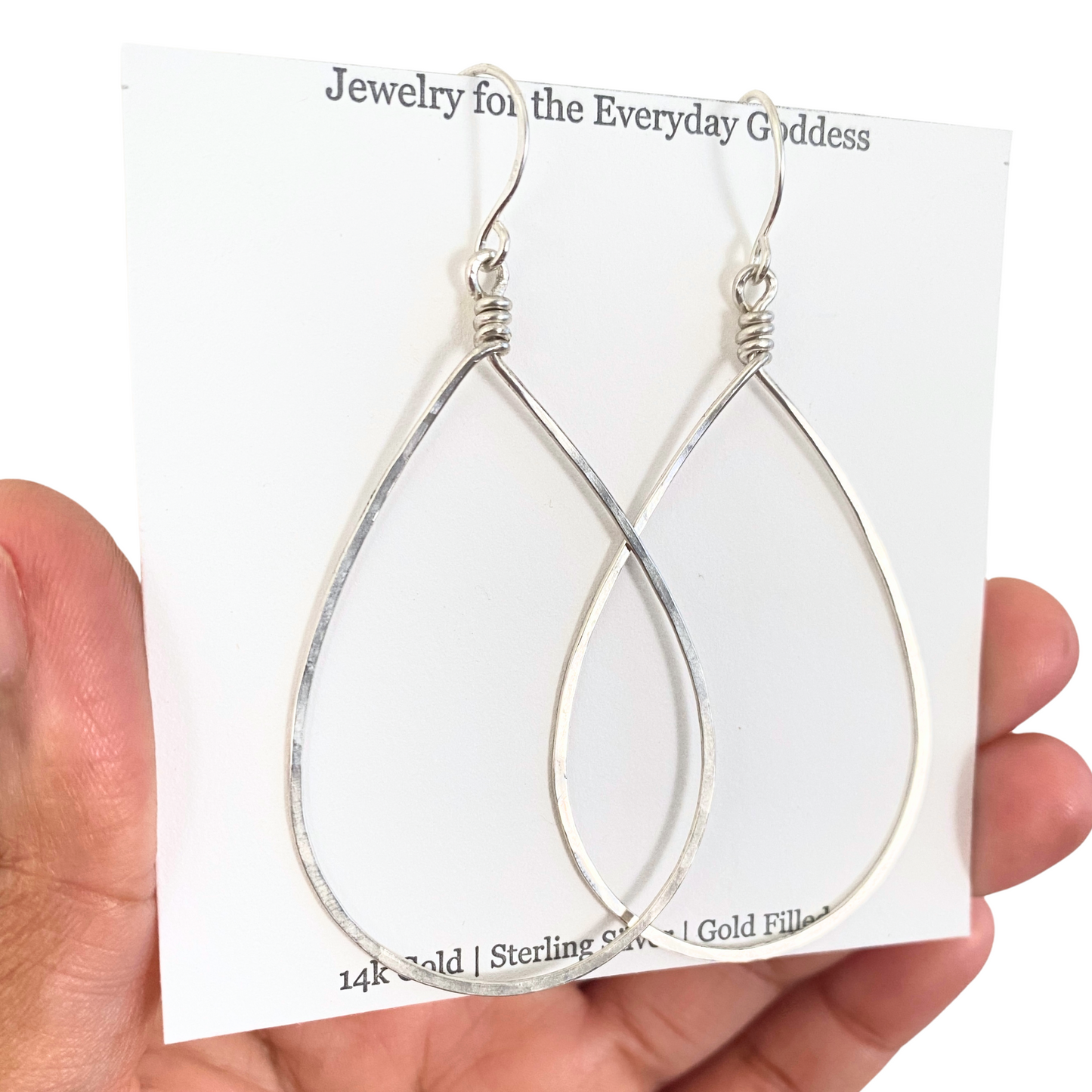 Teardrop Hoop Earrings. Large Tear drop Hammered Hoops in Silver or 14k Gold