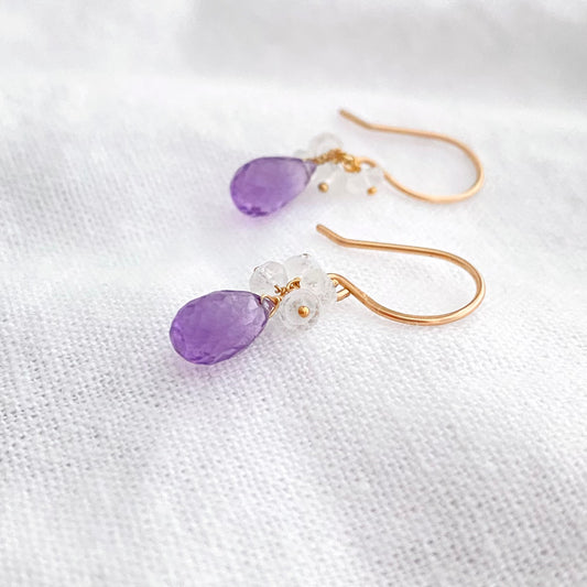 Amethyst and moonstone 14k gold filled drop earrings. February Birthstone earrings